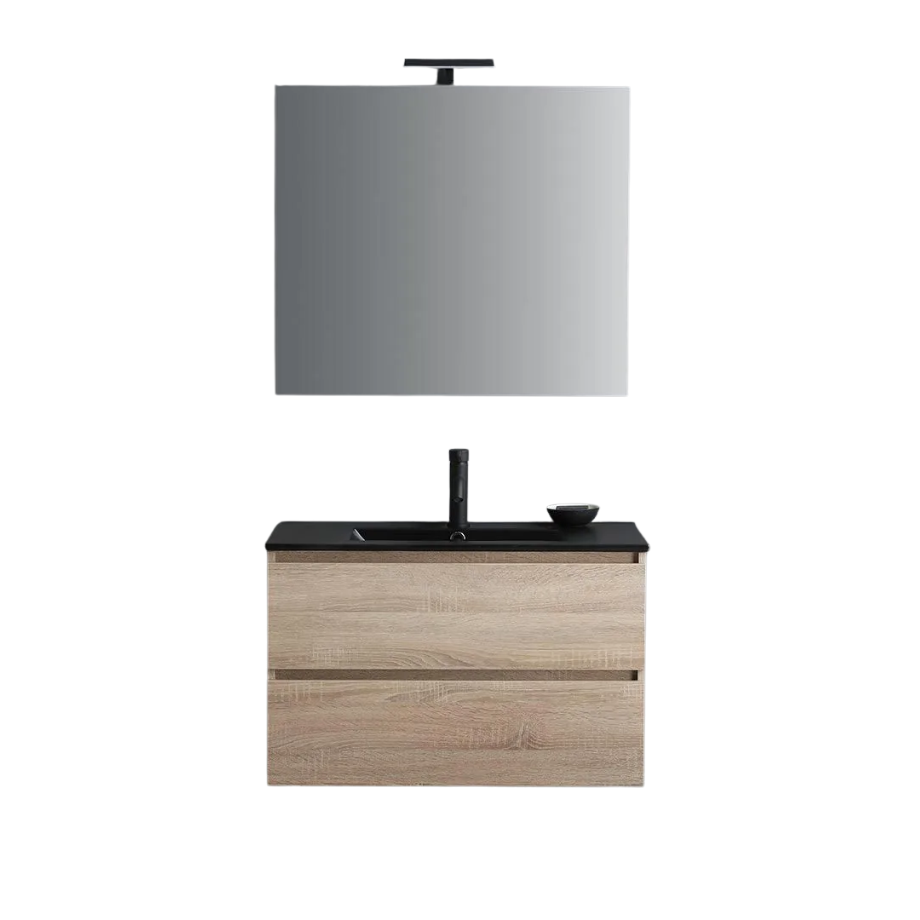 Mobile bagno sospeso 2 cassetti "Berlino80" color rovere con lavabo nero e specchio