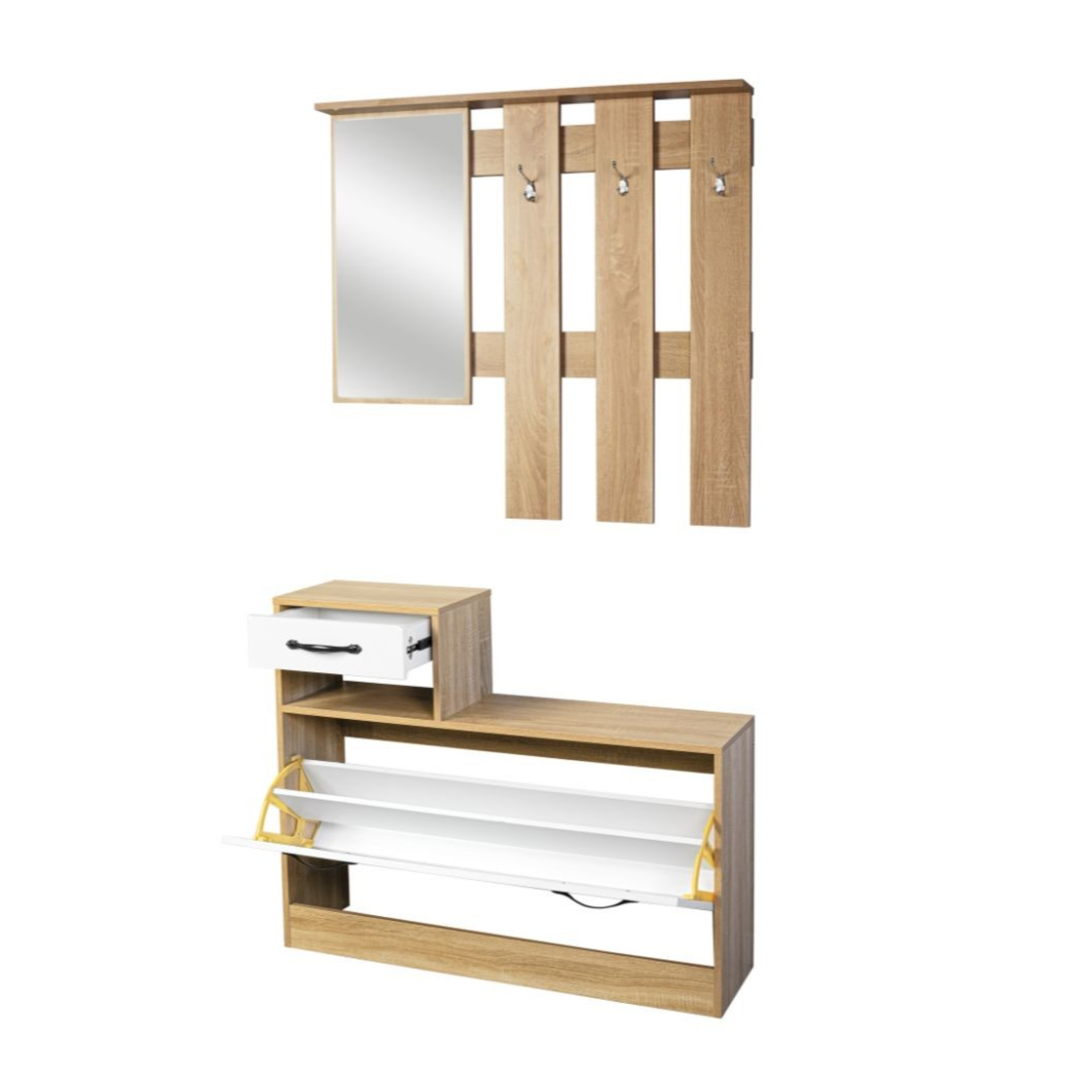 Scarpiera da ingresso in legno "Rudolf" con specchio e appendiabiti cm 100x26 180h