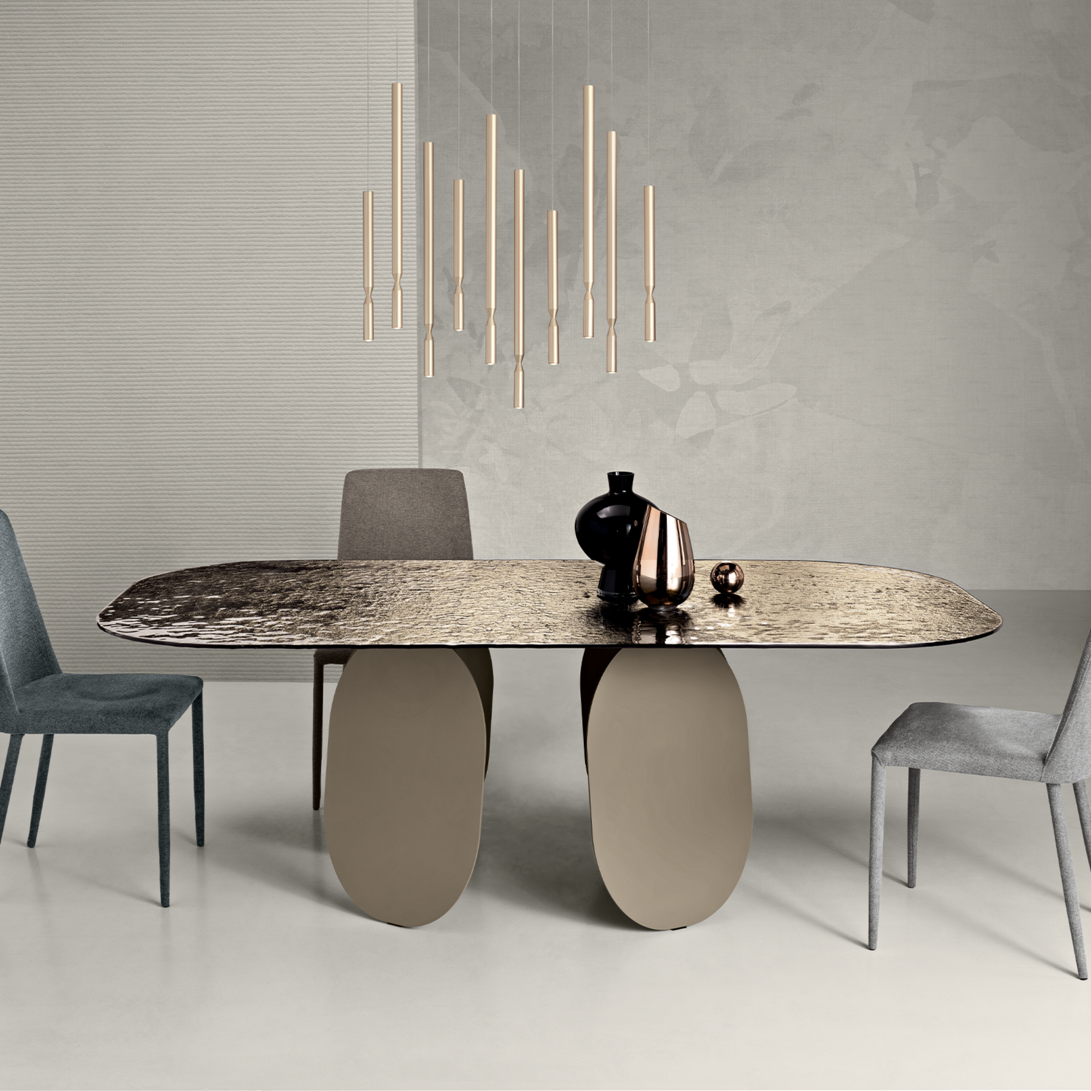 Tavolo fisso da pranzo moderno "Monroe" con piano in vetro martellato