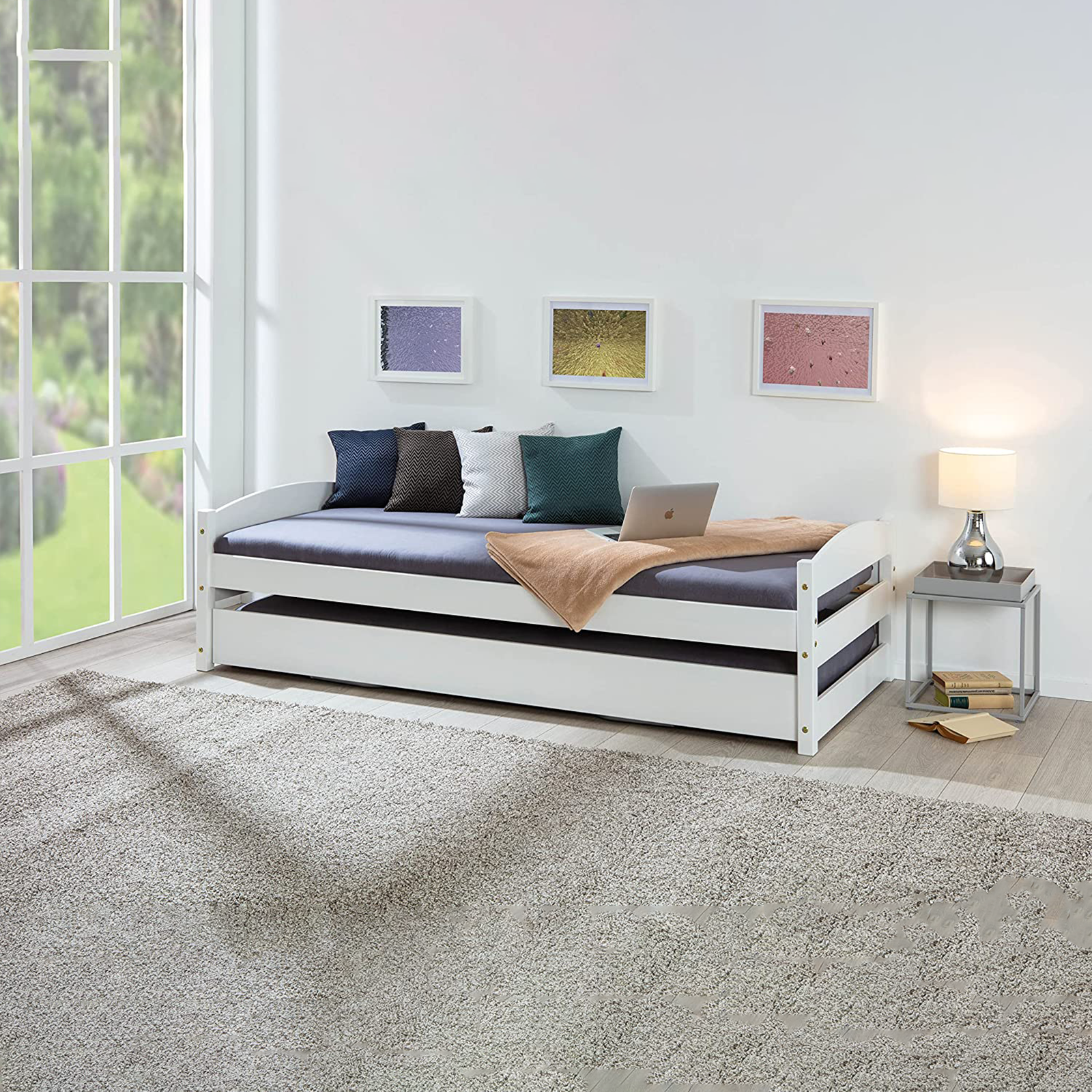 Letto doppio estraibile a scomparsa 3 funzioni in legno bianco cm 209x97 62h