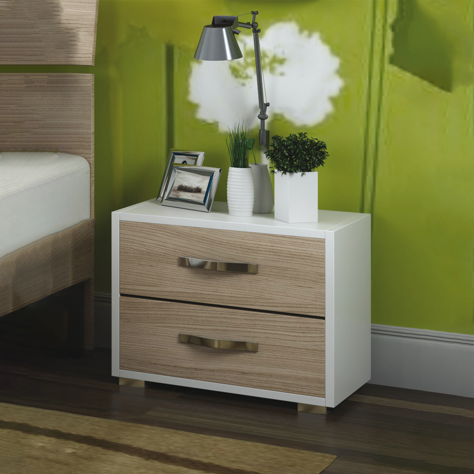 Comodino moderno in legno olmo mobile da letto 2 cassetti cm 52x36 43h