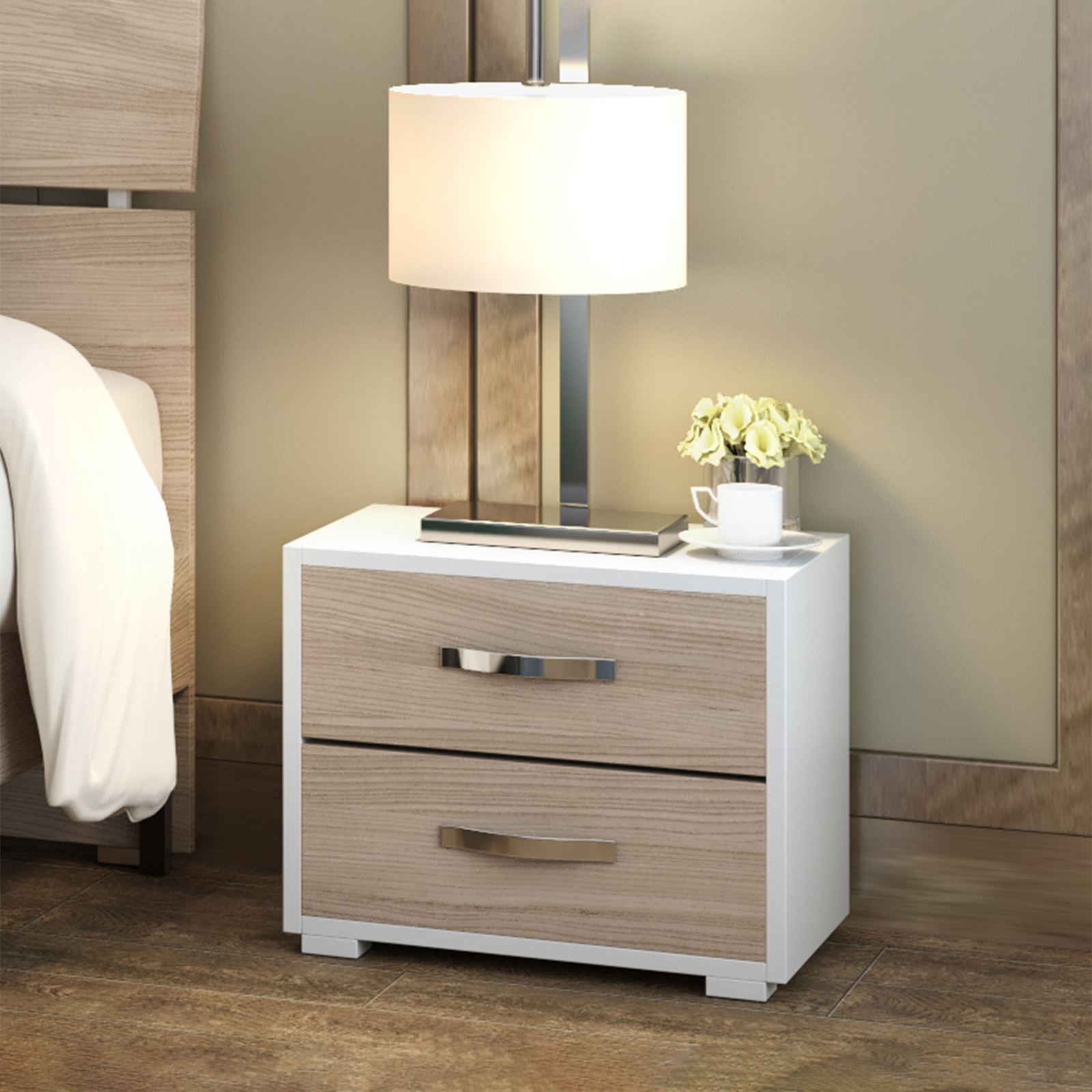 Comodino moderno in legno olmo mobile da letto 2 cassetti cm 52x36 43h