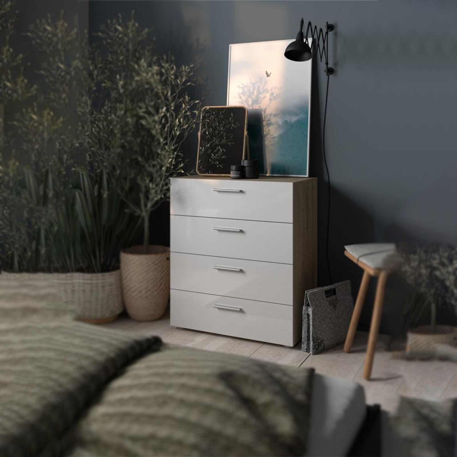 Cassettiera moderna "Pepe" in legno bianco e rovere 4 cassetti cm 70x40 82h