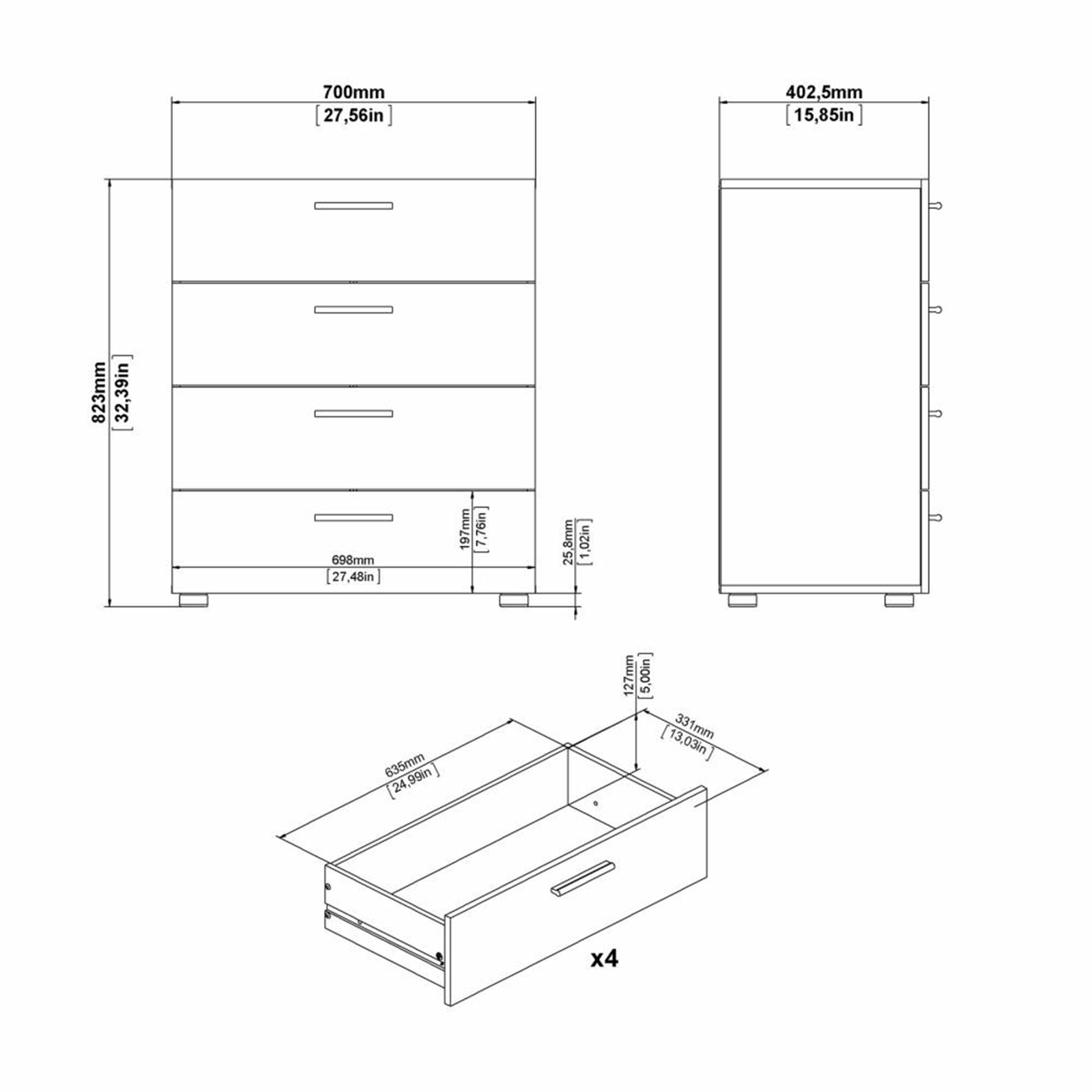 Cassettiera moderna "Pepe" in legno bianco e rovere 4 cassetti cm 70x40 82h