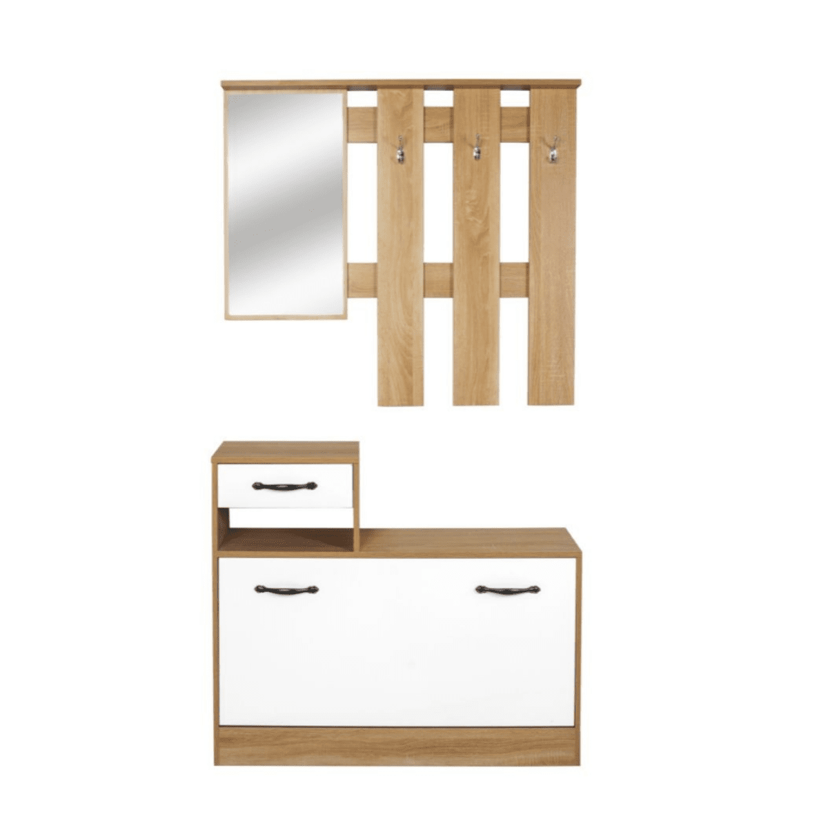 Scarpiera da ingresso in legno "Rudolf" con specchio e appendiabiti cm 100x26 180h - MondoViro