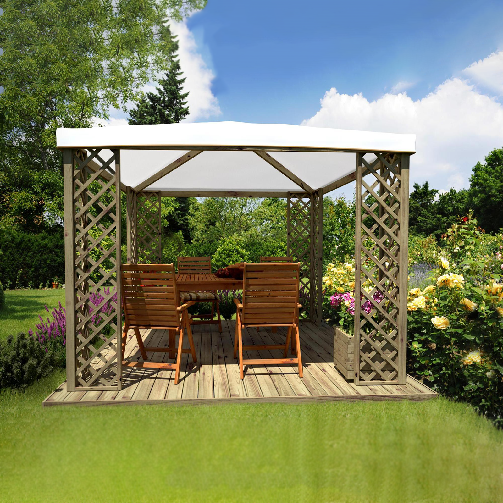 Gazebo per esterno in legno di abete "Lolita" copertura in pvc bianco mt 3x3 2,7h
