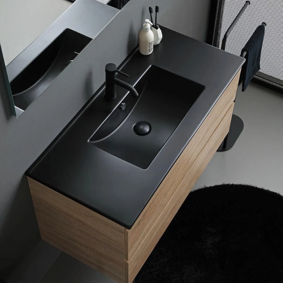 Mobile bagno sospeso 2 cassetti "Berlino100" color rovere con lavabo nero e specchio