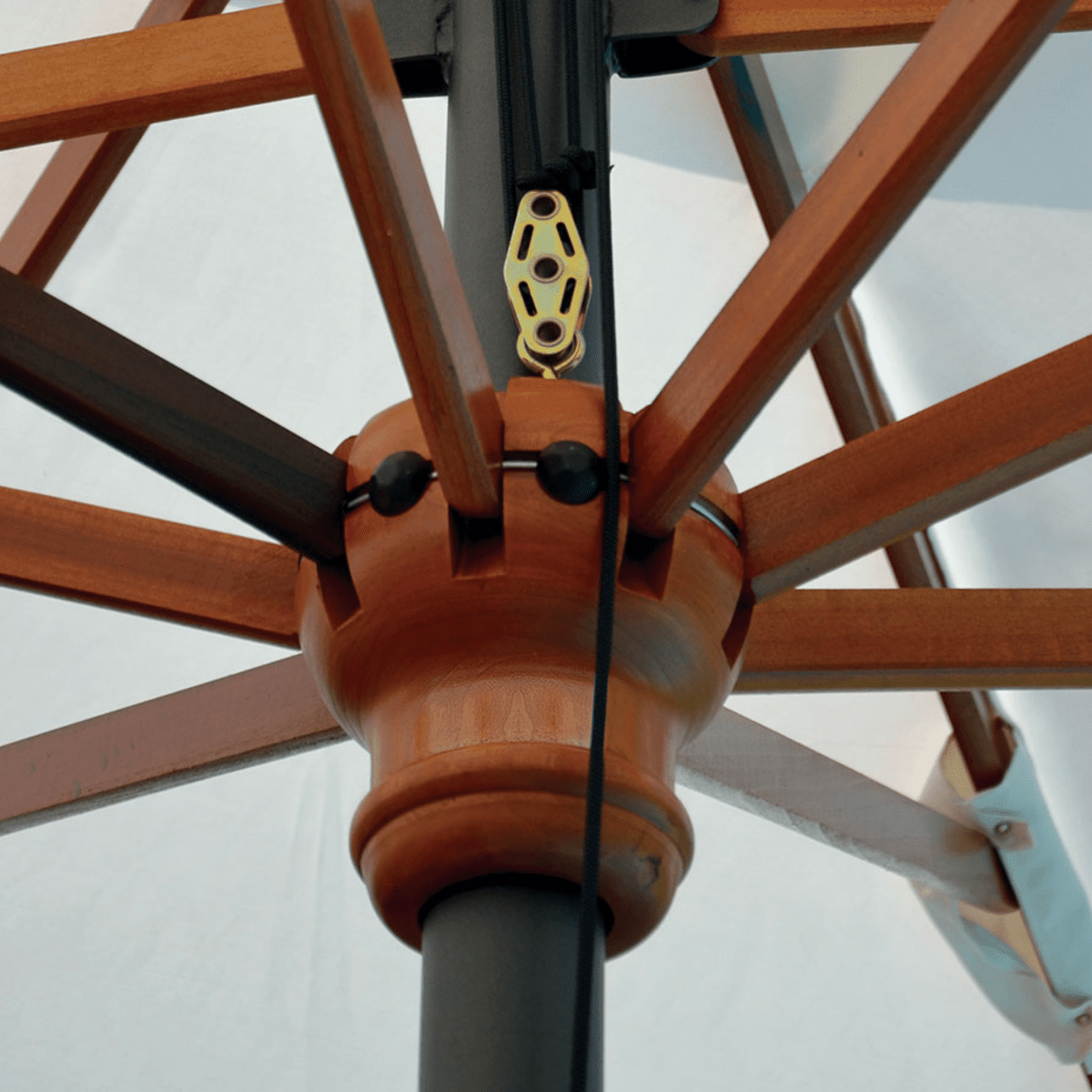 Ombrellone moderno bianco "Facility Wood" con palo centrale telescopico in legno da giardino - MondoViro