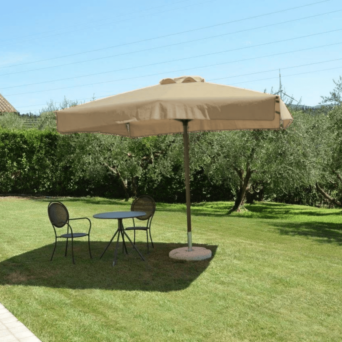 Ombrellone moderno "Corallo Glamour" con palo centrale effetto rovere - MondoViro