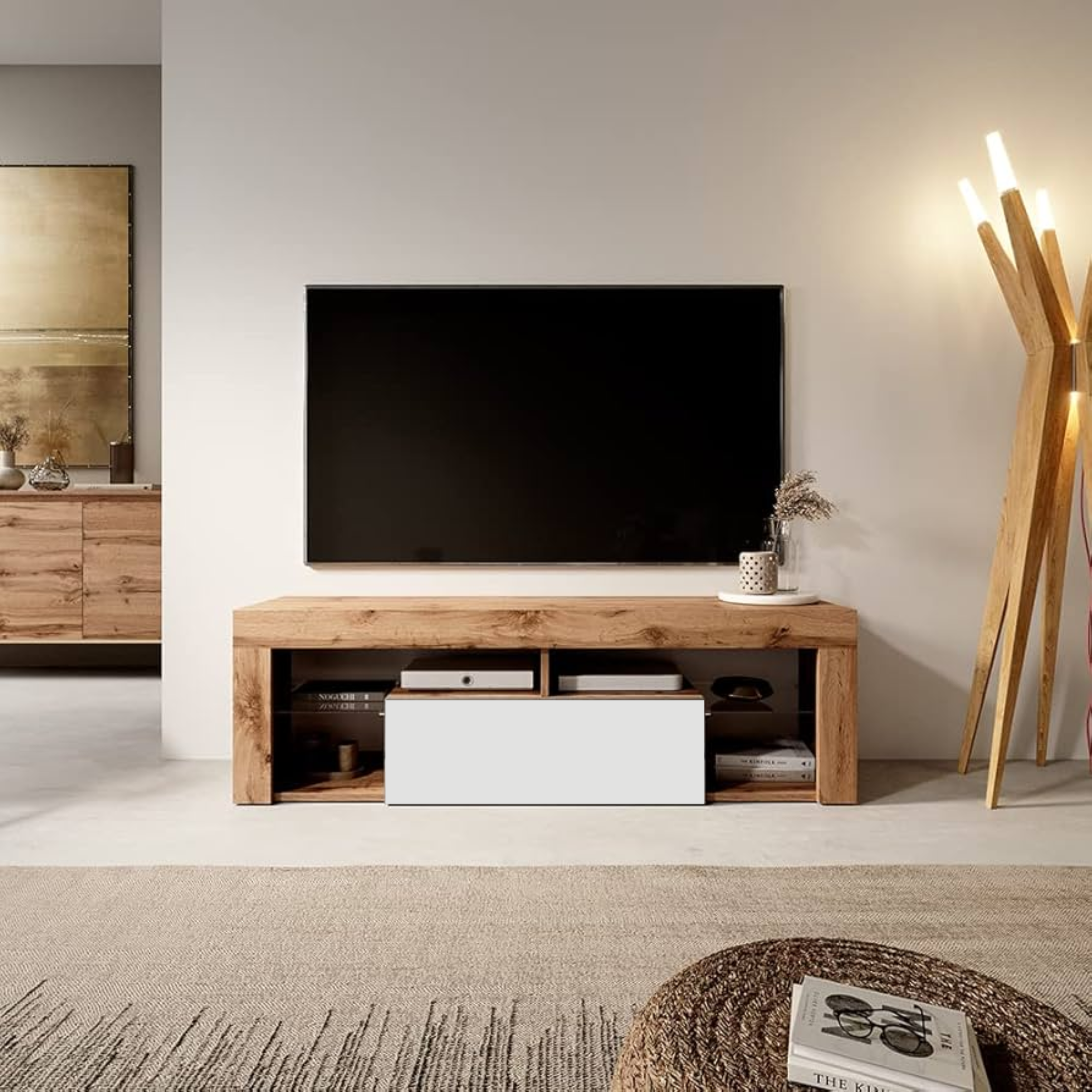 Mobile porta tv "Hugo" in legno rovere e bianco cm 140x35 50h