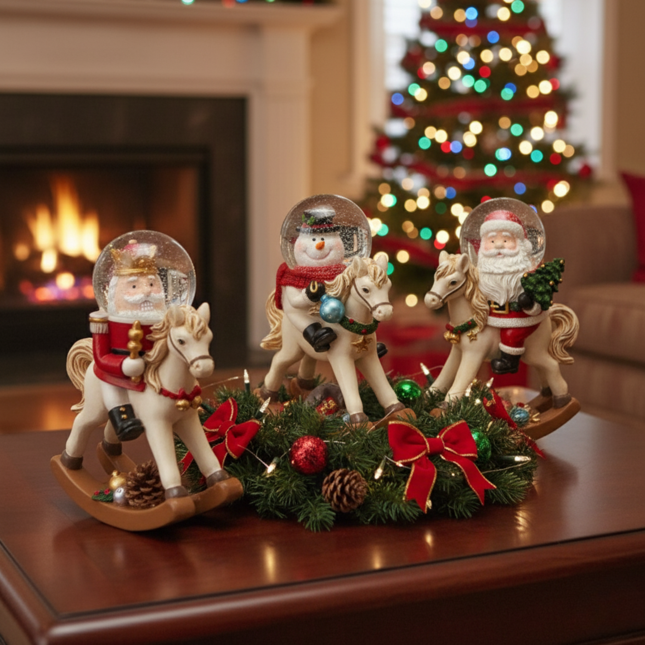 Cavallo a dondolo in resina con sfera d'acqua in vetro e scena natalizia interna ad effetto neve brillante cm 13,5h