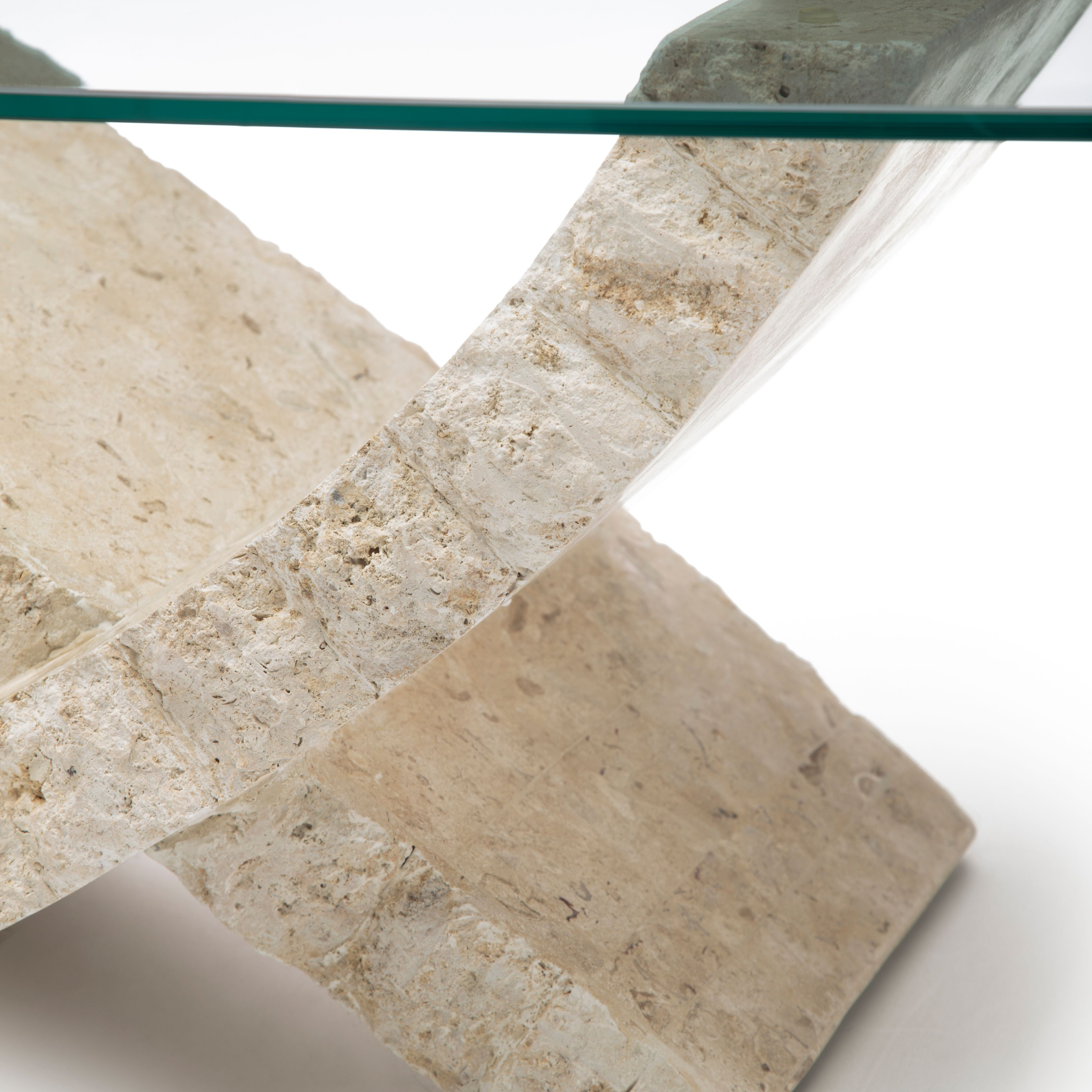 Tavolino basso in pietra fossile "Flake" top in vetro temperato cm 120x70 37h