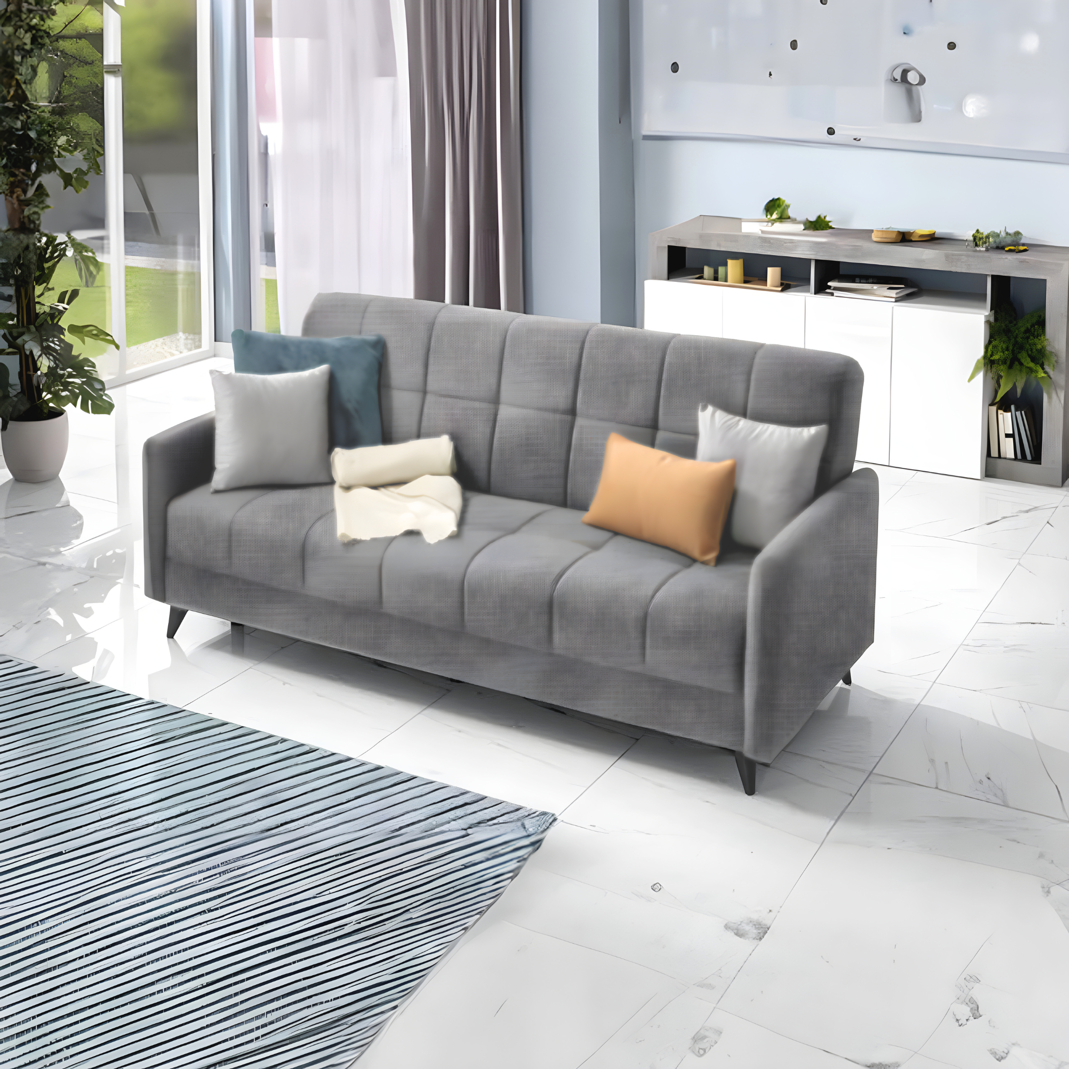 Divano letto a 3 posti contenitore "Santi Bacos" in velluto con 2 cuscini cm 211x92 98h