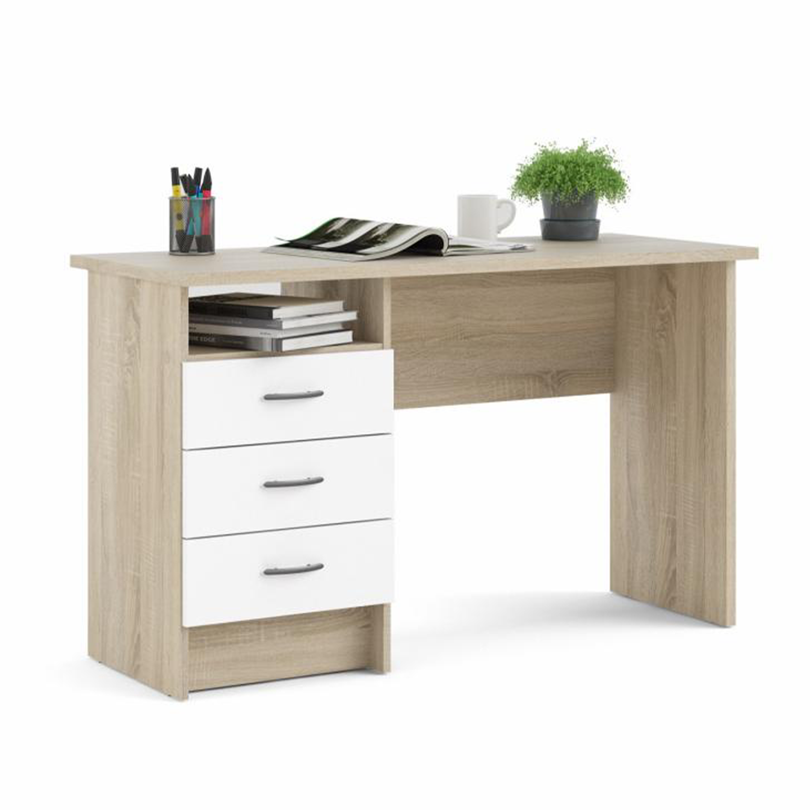 Scrivania con cassettiera a 3 cassetti "Function Plus" in legno rovere e bianco cm 120x48 73h