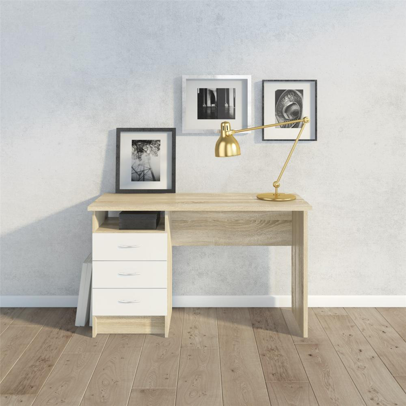 Scrivania con cassettiera a 3 cassetti "Function Plus" in legno rovere e bianco cm 120x48 73h