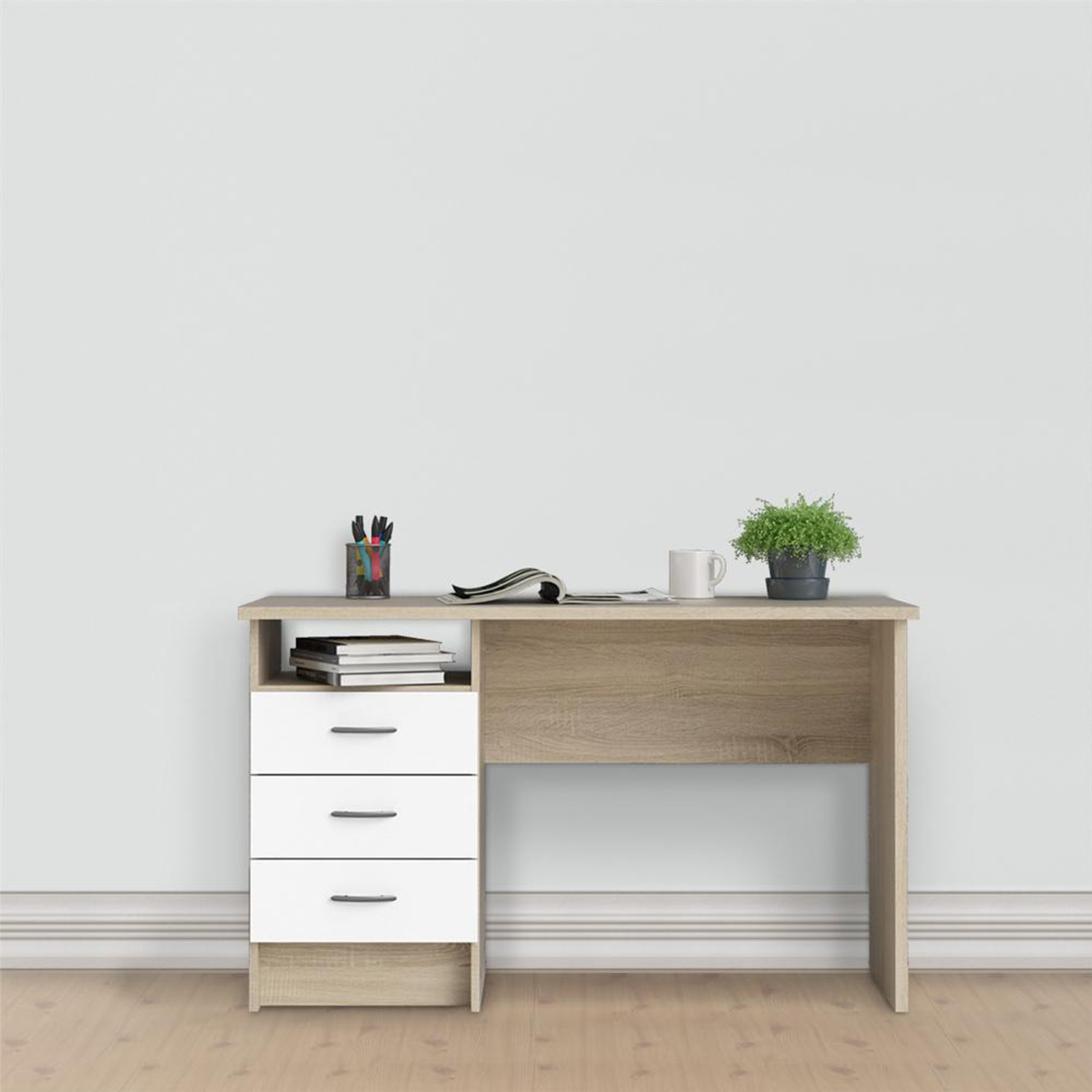 Scrivania con cassettiera a 3 cassetti "Function Plus" in legno rovere e bianco cm 120x48 73h