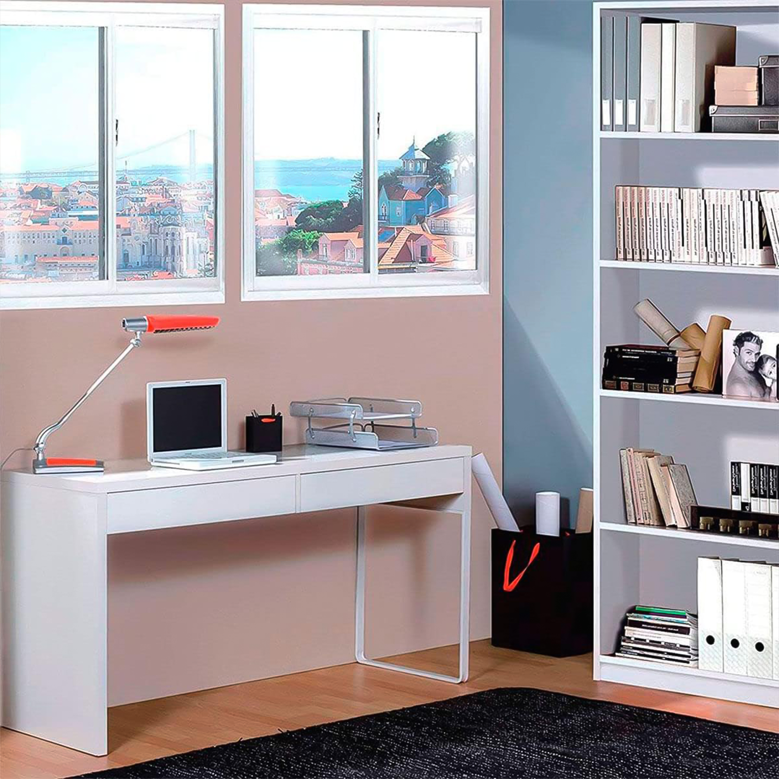 Scrivania porta computer "Touch" in legno bianco per ufficio con 2 cassetti cm 138x50 75h