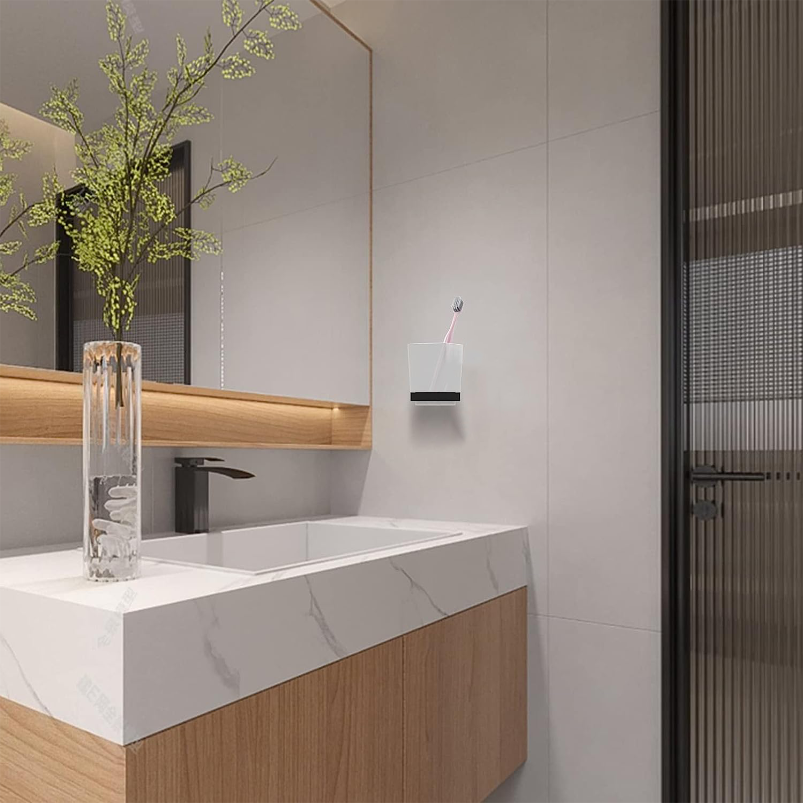 Set da bagno "Stelvio" bicchiere porta spazzolino sapone scopino in vetro satinato e acciaio