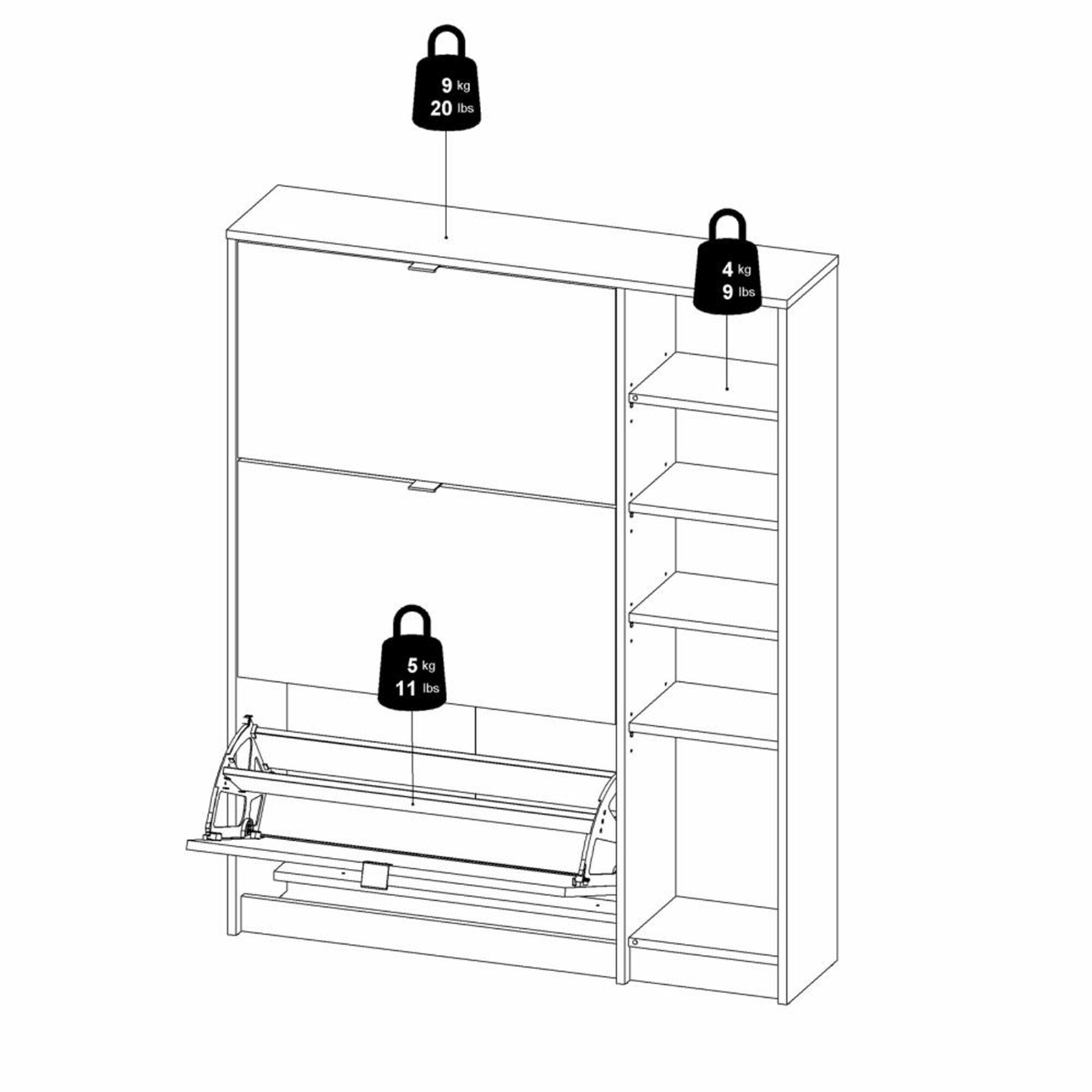 Mobile scarpiera modulare "Class" in legno con 1 anta e 3 ribalte cm 102x24 125h