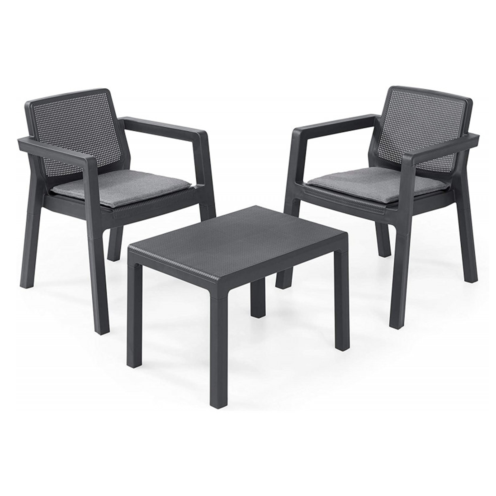 Salotto da giardino in resina "Emily" graphite divano + 2 poltrone + tavolino con cuscini