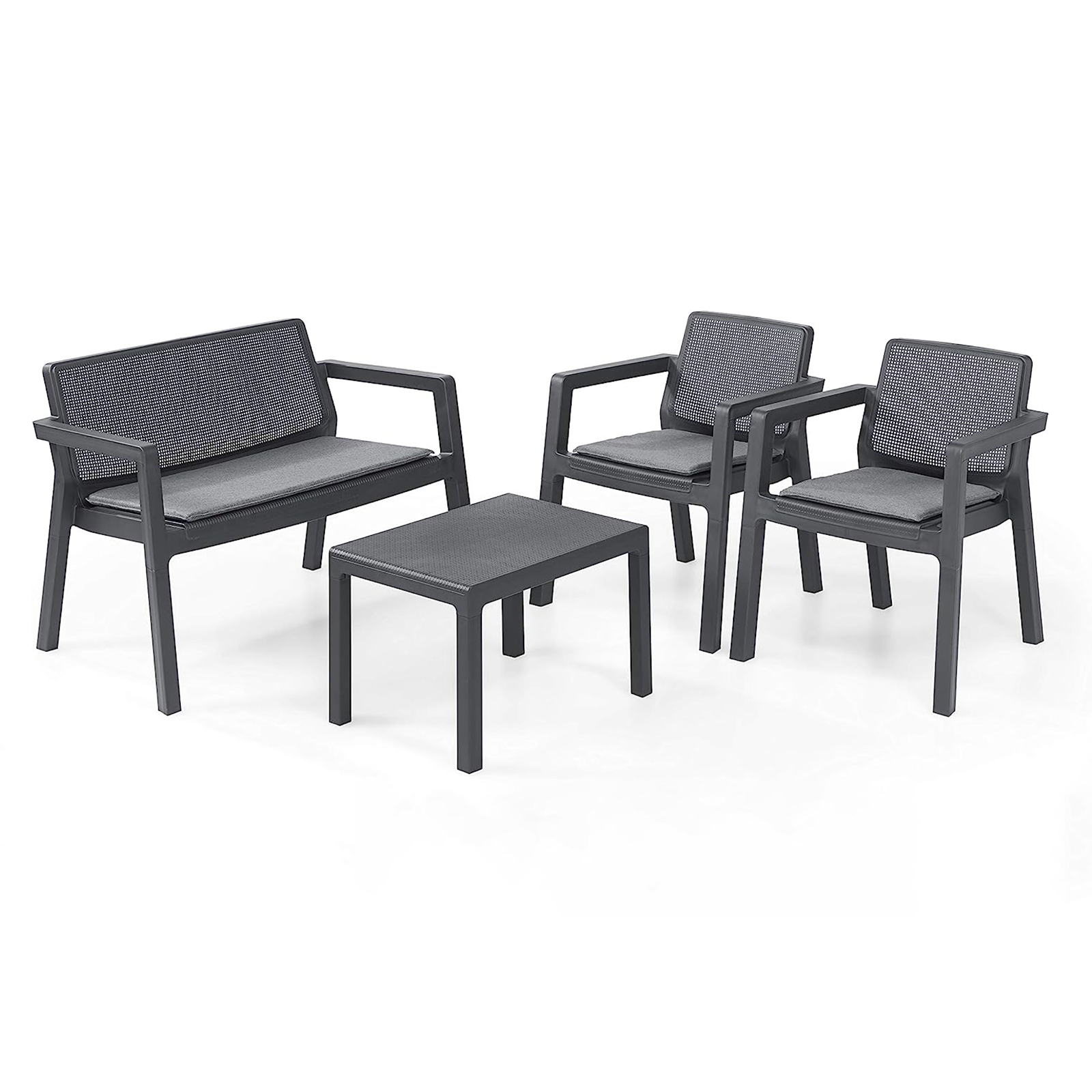 Salotto da giardino in resina "Emily" graphite divano + 2 poltrone + tavolino con cuscini