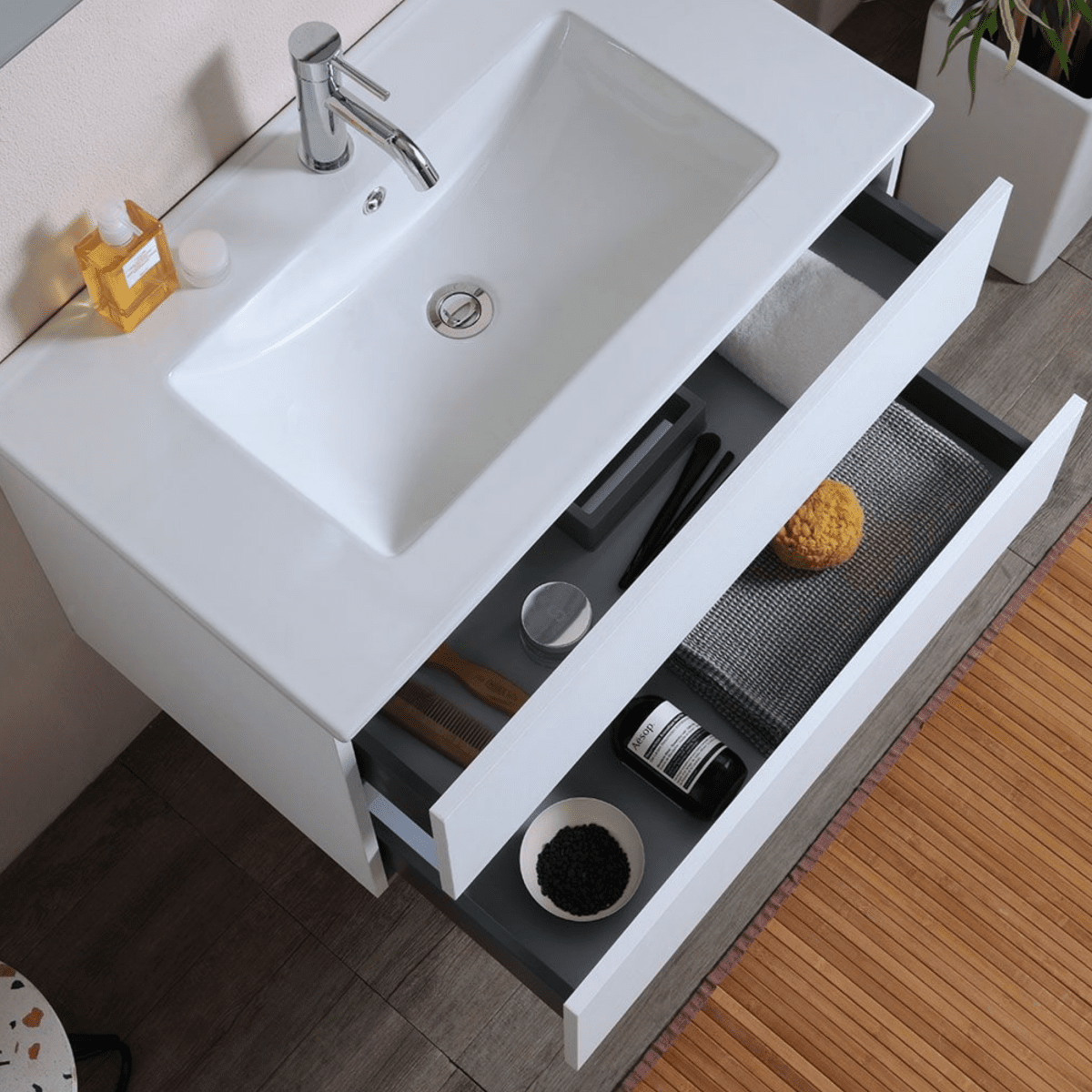 Mobile da bagno bianco "Belize80" sospeso con due cassetti e lavabo in ceramica - MondoViro