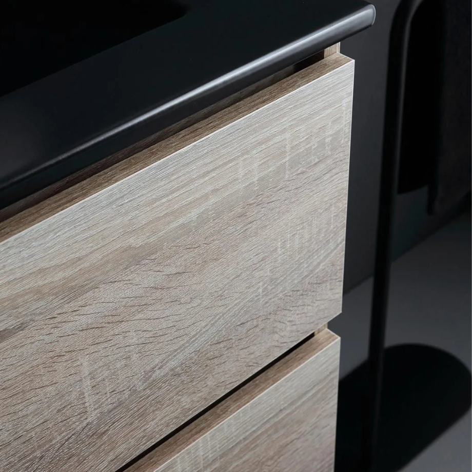 Mobile bagno sospeso 2 cassetti "Berlino60" color rovere con lavabo nero e specchio