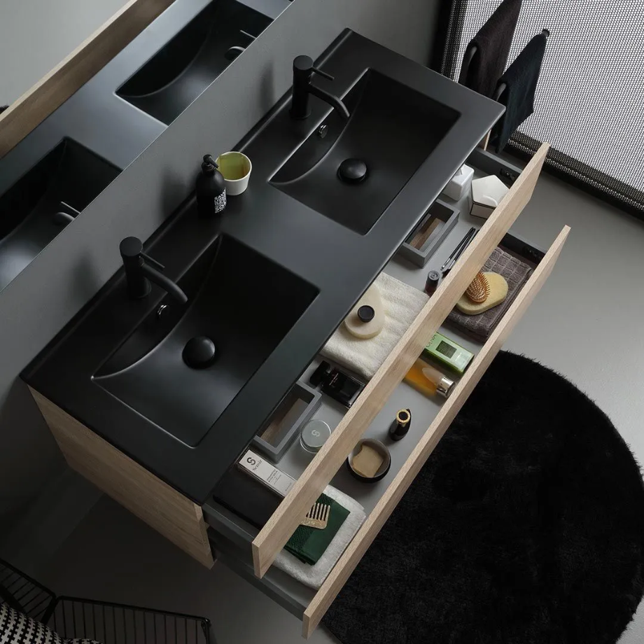 Mobile bagno sospeso 2 cassetti "Berlino120" color rovere con doppio lavabo nero e specchio
