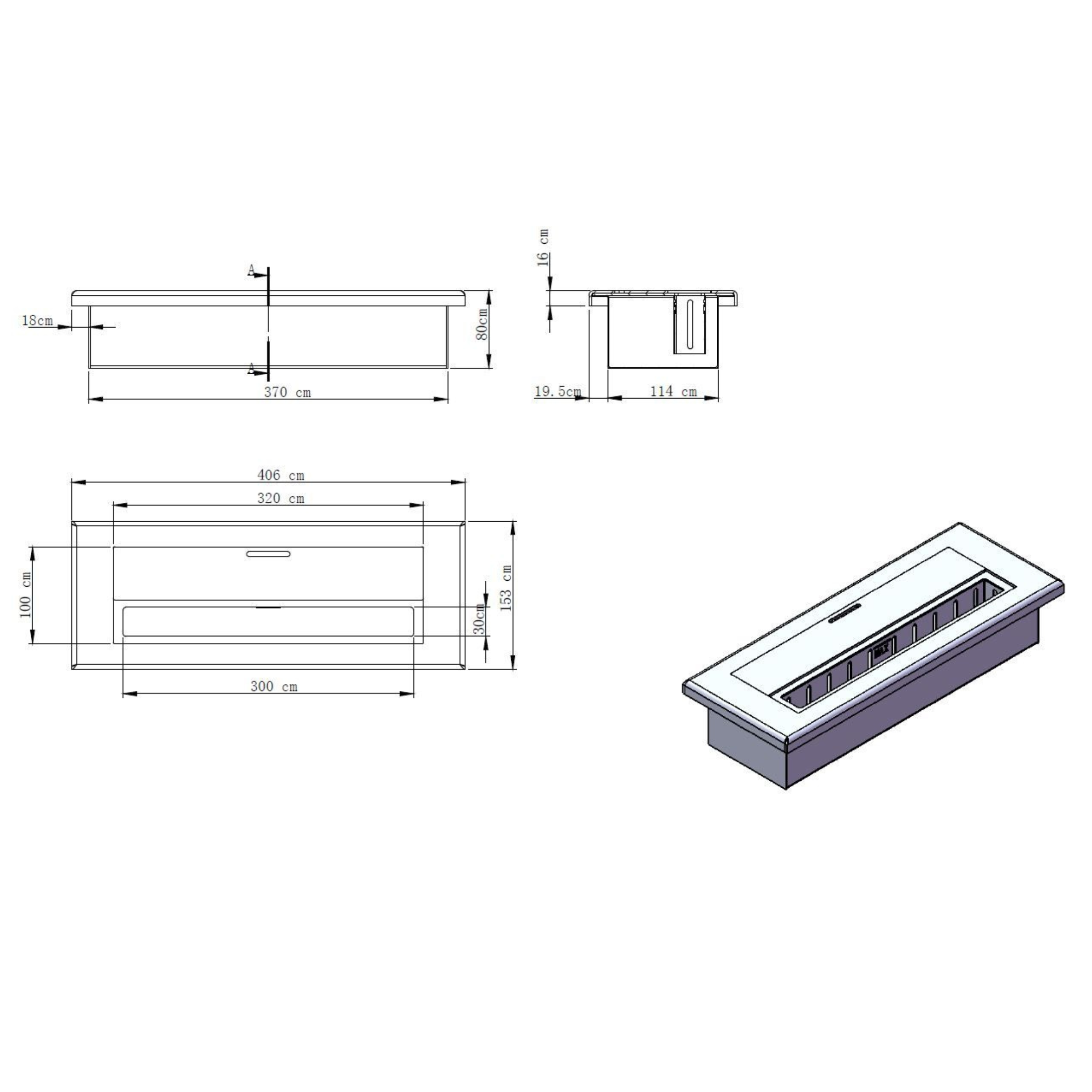 Caminetto da incasso bioetanolo "Galway" in acciaio satinato cm 40x15 8h