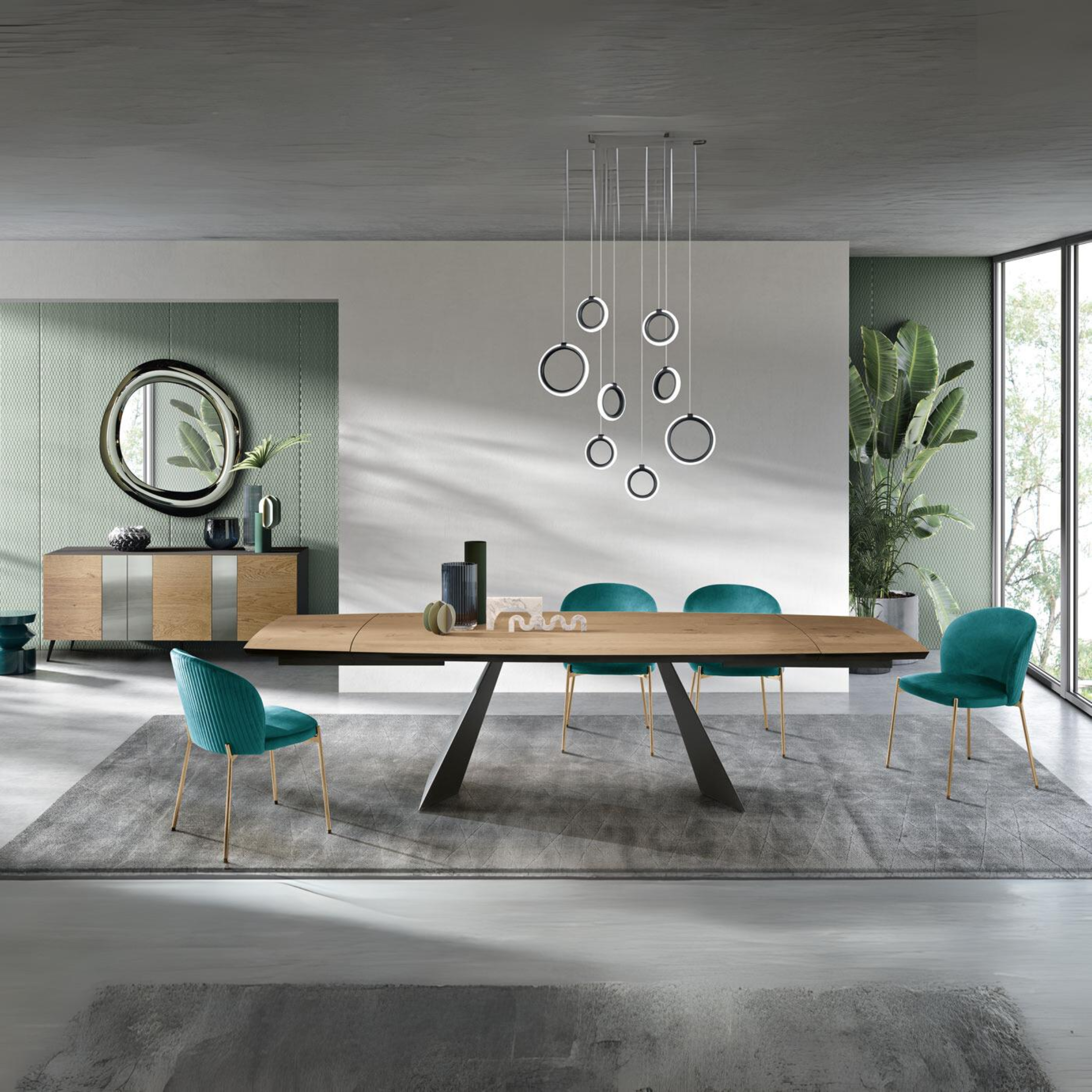 Tavolo allungabile moderno "Nora" con base in metallo e piano in rovere