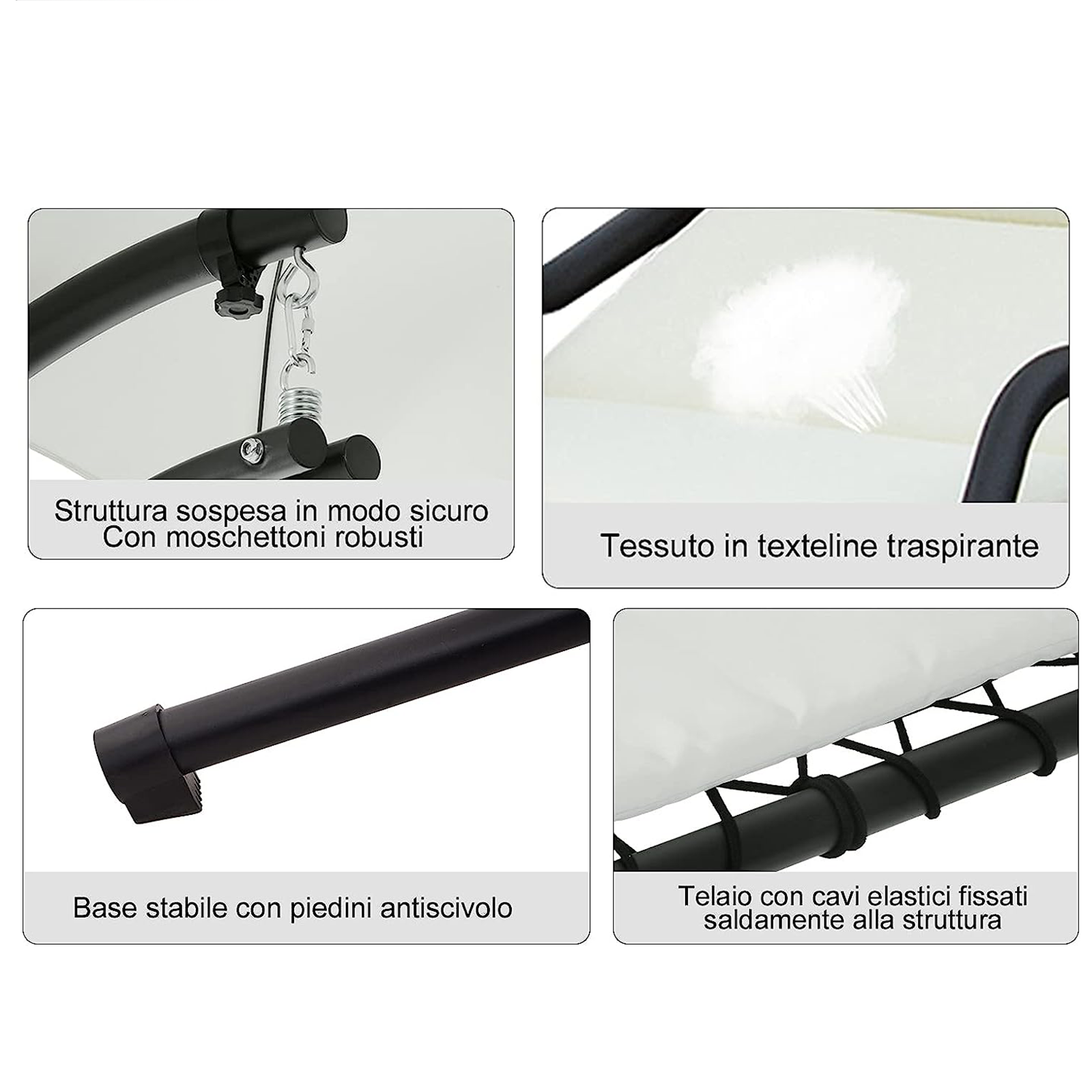 Lettino dondolo da giardino "Ground" in acciaio con cuscino e tettuccio cm 197x104 200h