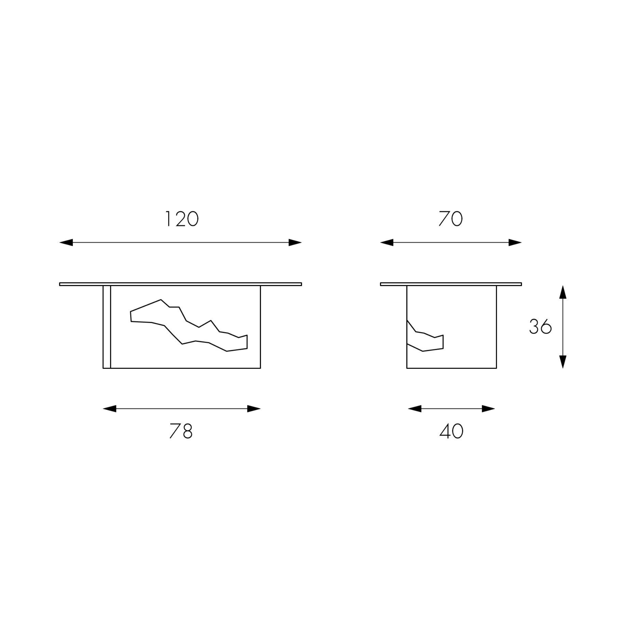 Tavolino basso in pietra fossile "Esse" top in vetro temperato cm 120x70 36h