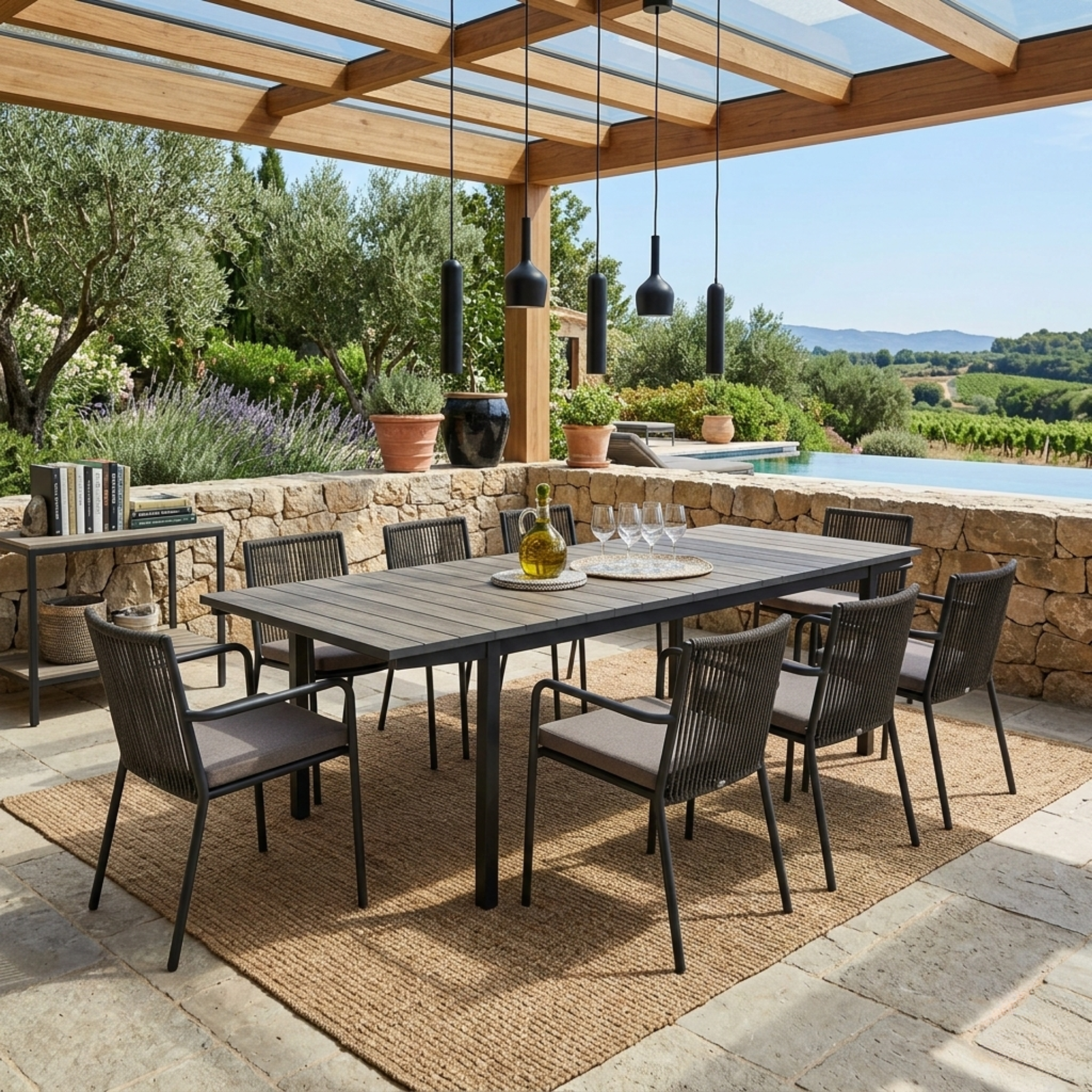 Tavolo allungabile per esterno "Liriel" con estensioni, struttura in metallo e piano effetto legno