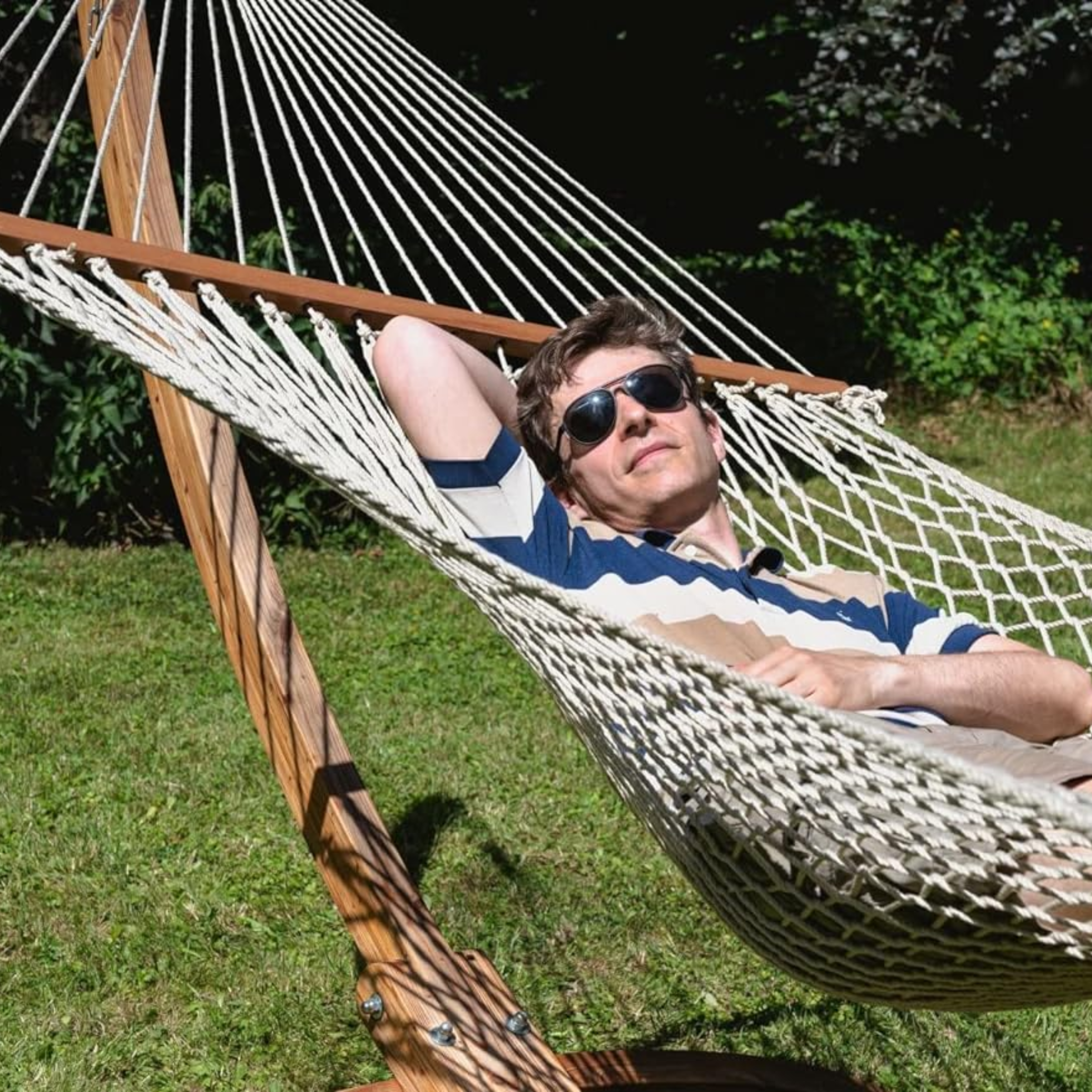 Amaca da giardino in tela intrecciata "Kila" con supporto in legno l 200 cm