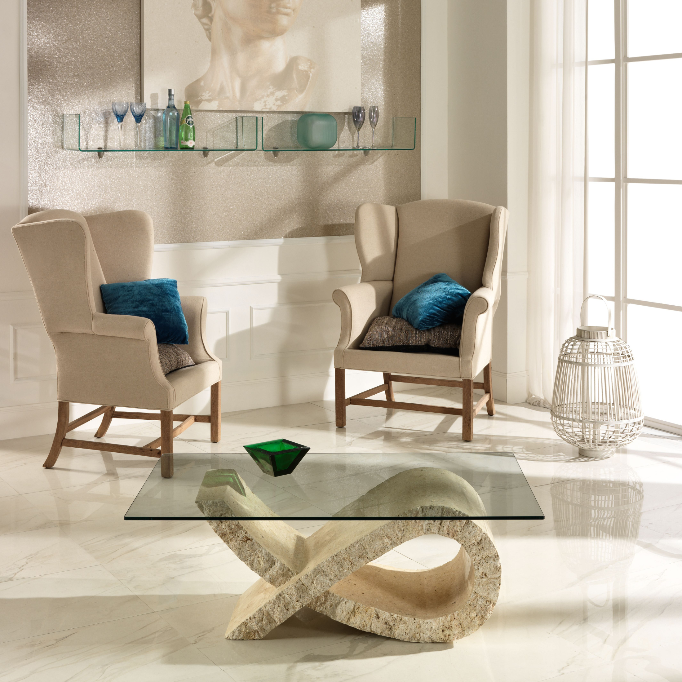 Tavolino basso in pietra fossile "Flake" top in vetro temperato cm 120x70 37h