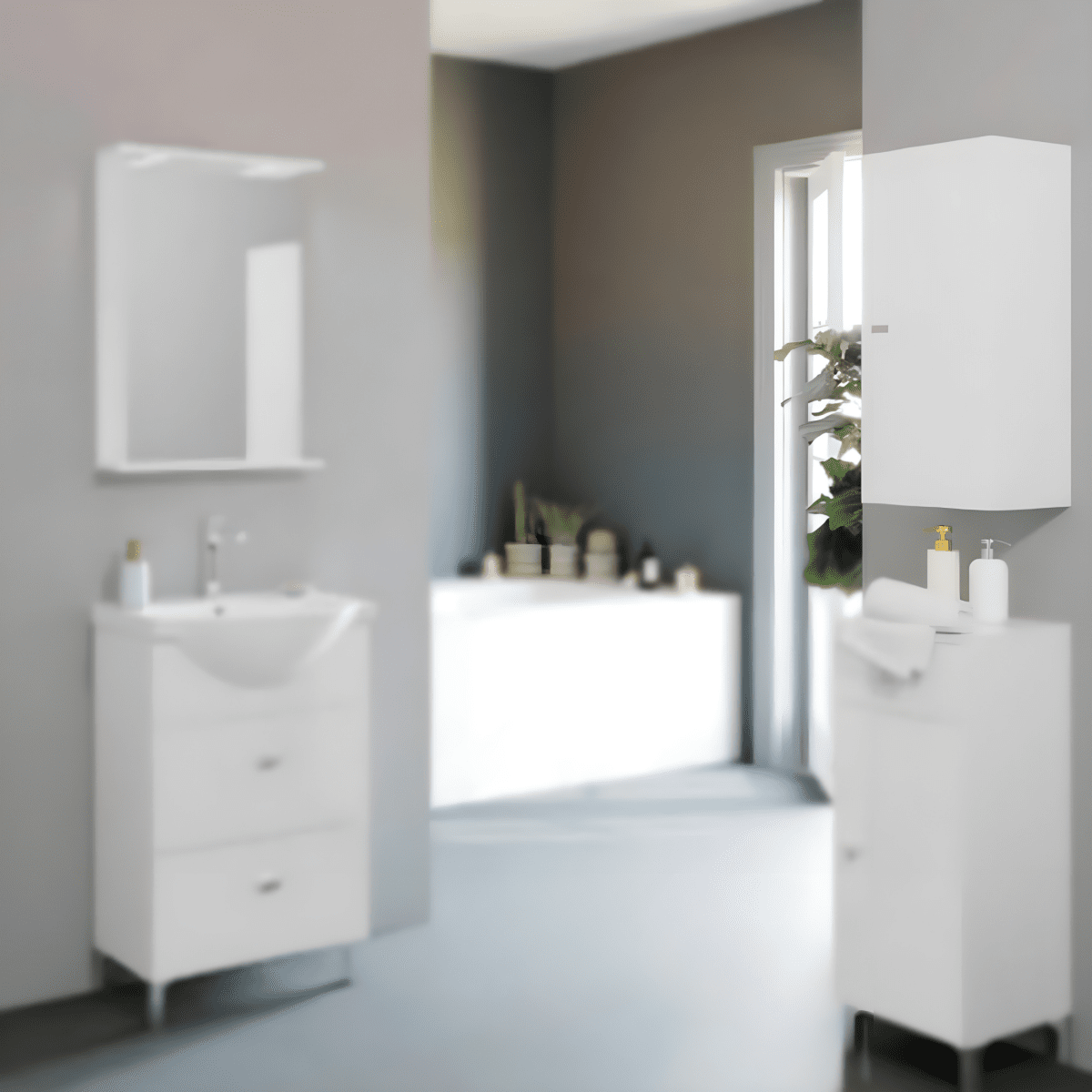 Mobili bagno "Kiro" in nobilitato con finitura bianco lucido , lavabo in ceramica da incasso e specchio - MondoViro