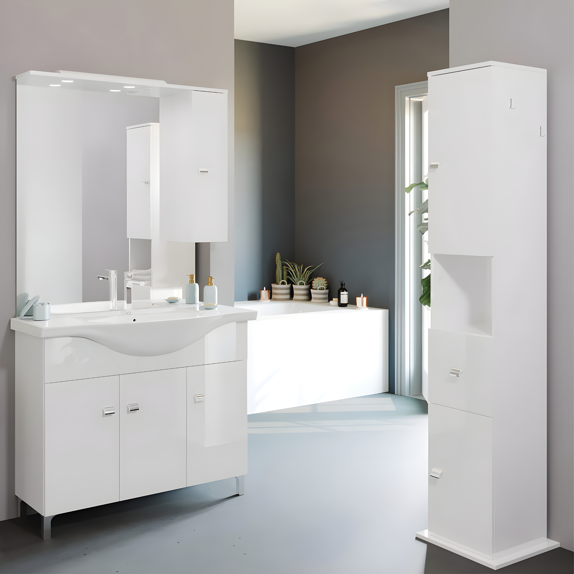 Mobili bagno "Kiro" in nobilitato con finitura bianco lucido , lavabo in ceramica da incasso e specchio