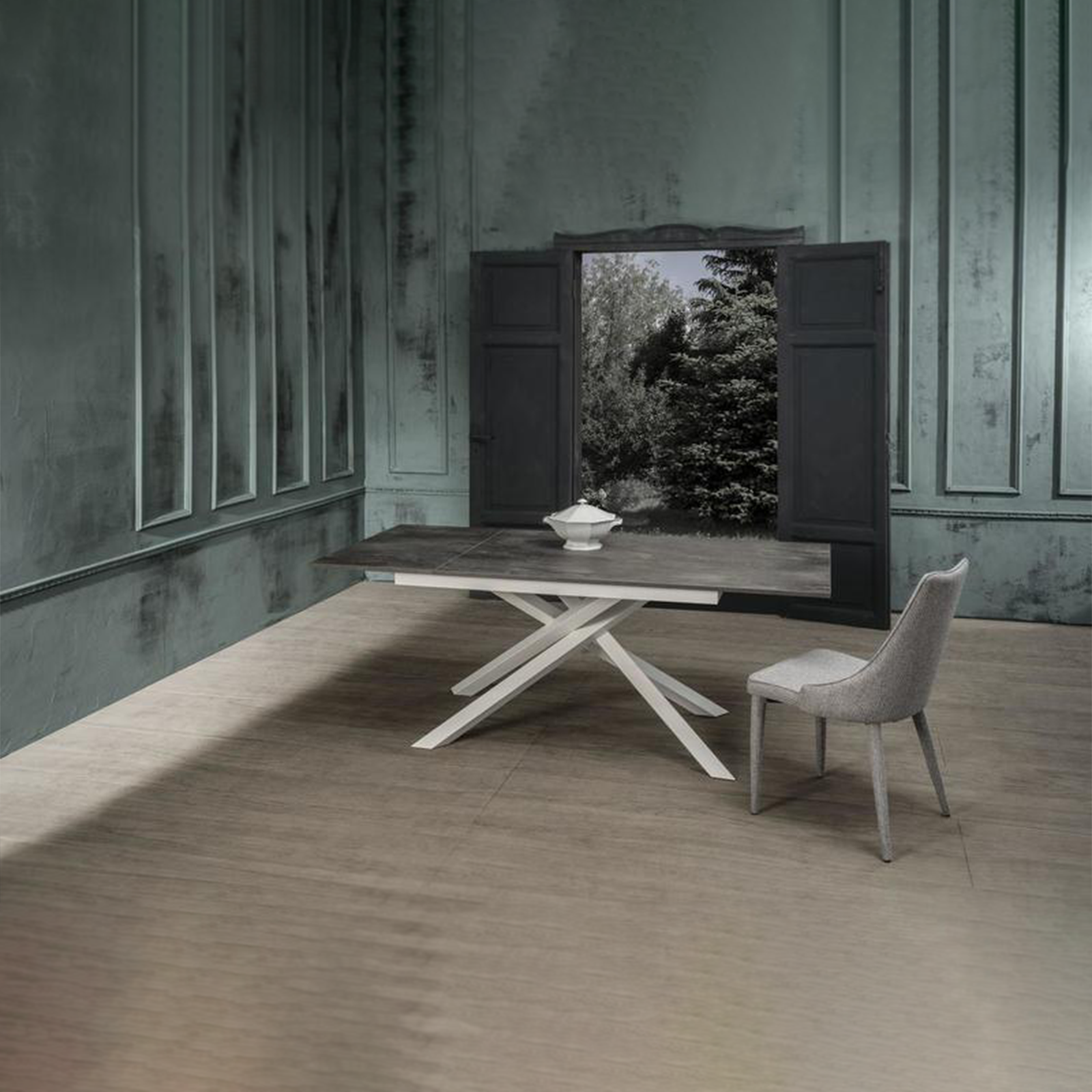 Tavolo moderno allungabile "Atene" con piano melaminico e gambe in metallo verniciato