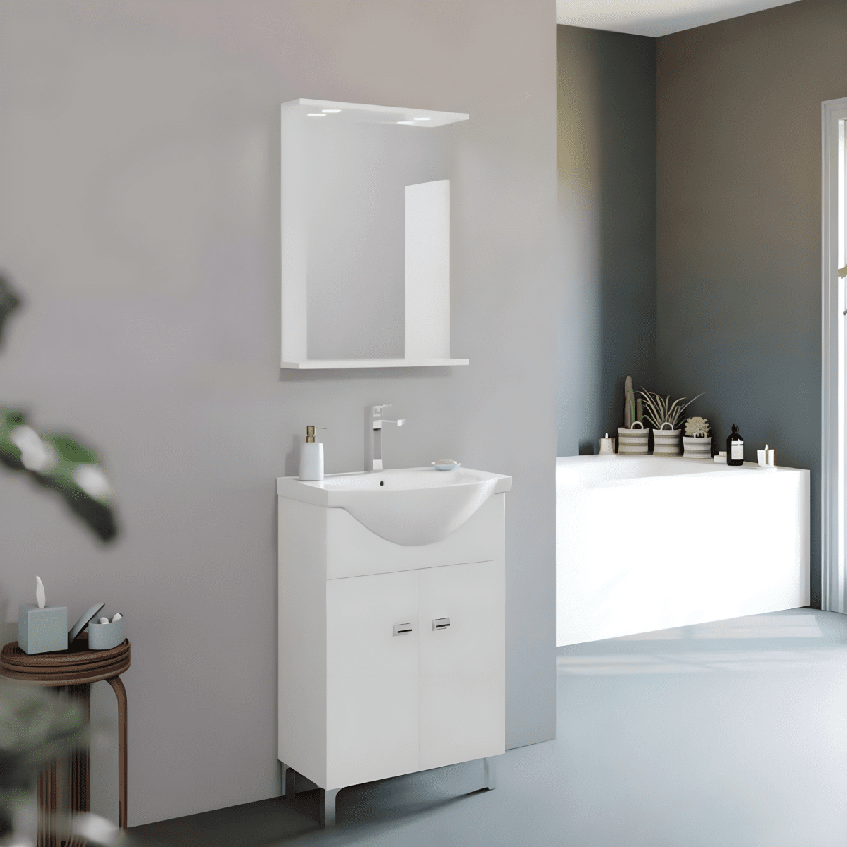 Mobili bagno "Kiro" in nobilitato con finitura bianco lucido , lavabo in ceramica da incasso e specchio - MondoViro
