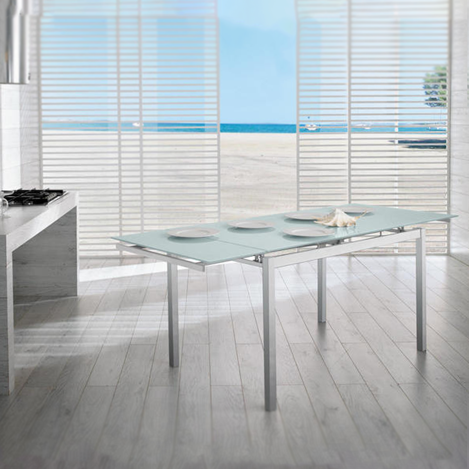 Tavolo allungabile "Bali" piano in vetro temperato gambe in metallo