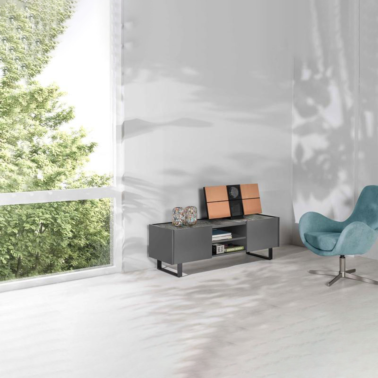 Mobile porta tv "Théo" con piano in ceramica 2 ante e 2 vani a giorno cm 140x40 45h