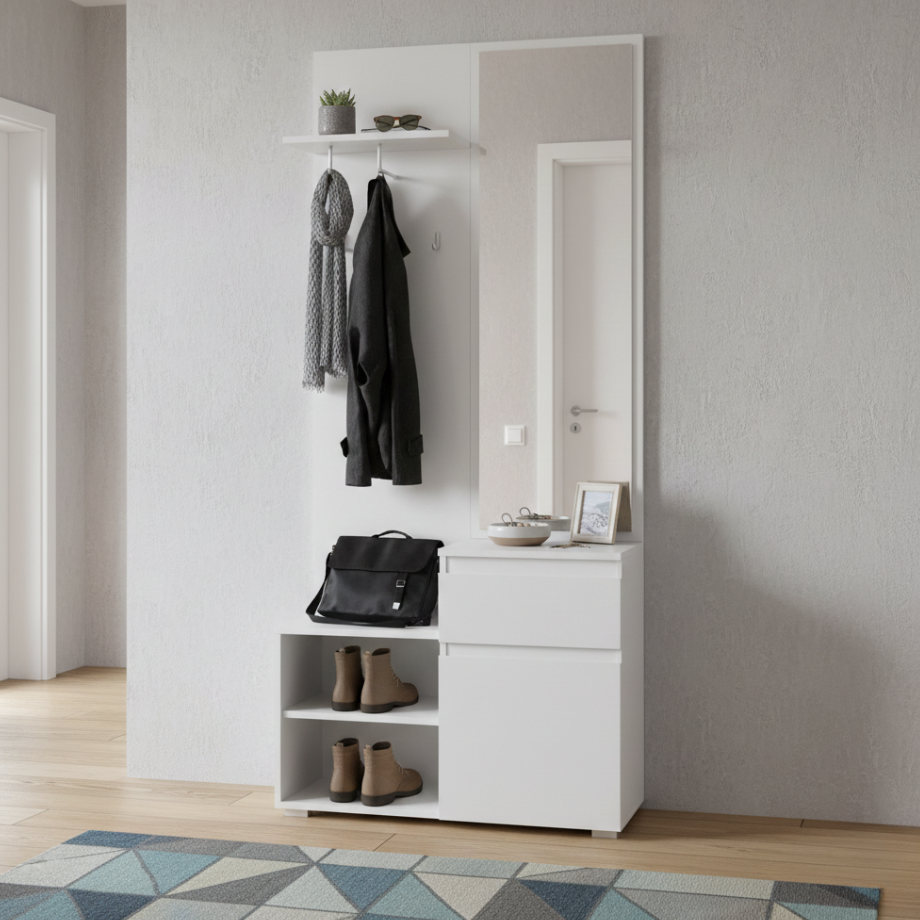 Mobile da ingresso “Image” bianco con specchio incluso e 3 ganci appendiabiti cm 85x37 195h