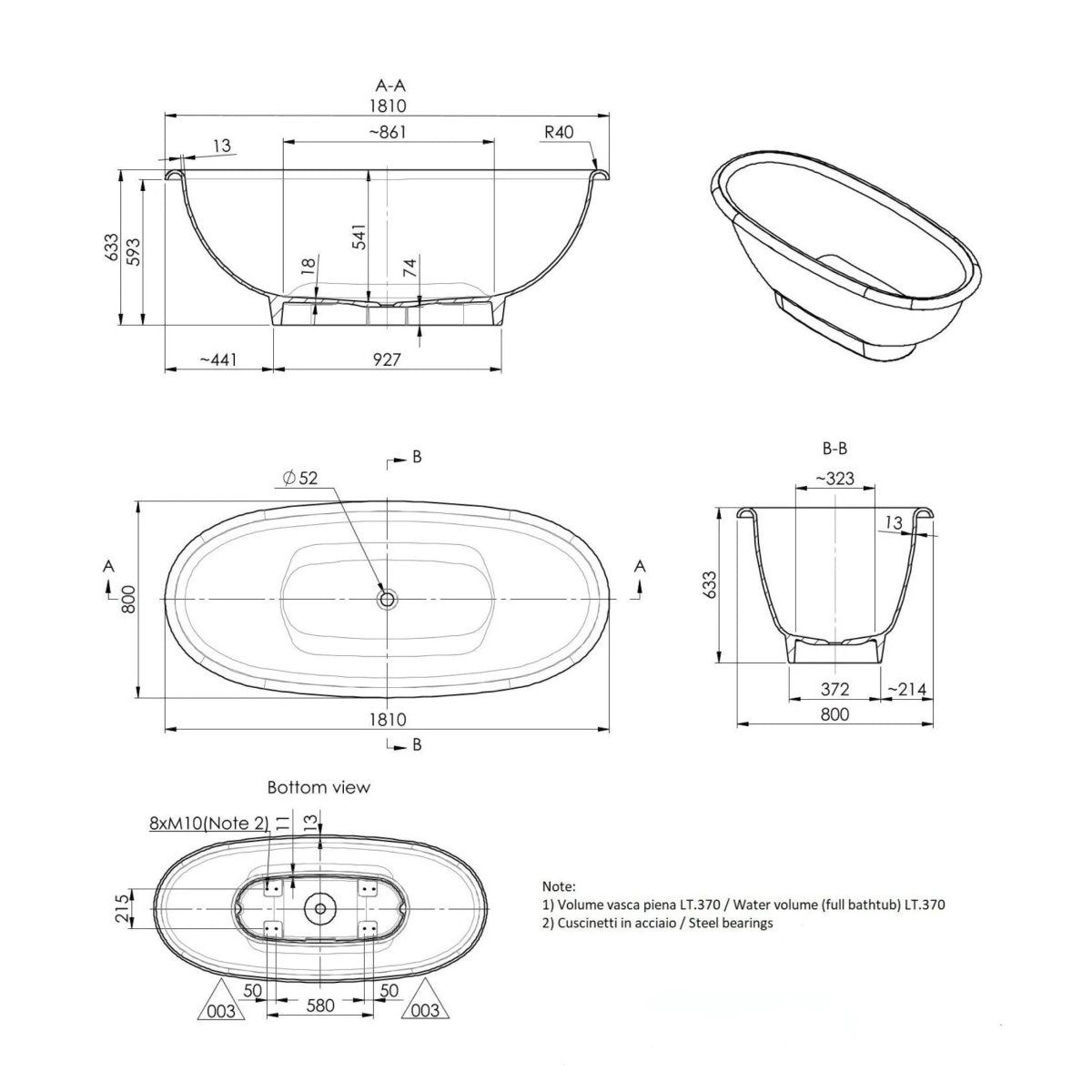 Vasca da bagno ovale freestanding "Rossana" in marmo ricomposto cm 181x80 63,3h - MondoViro