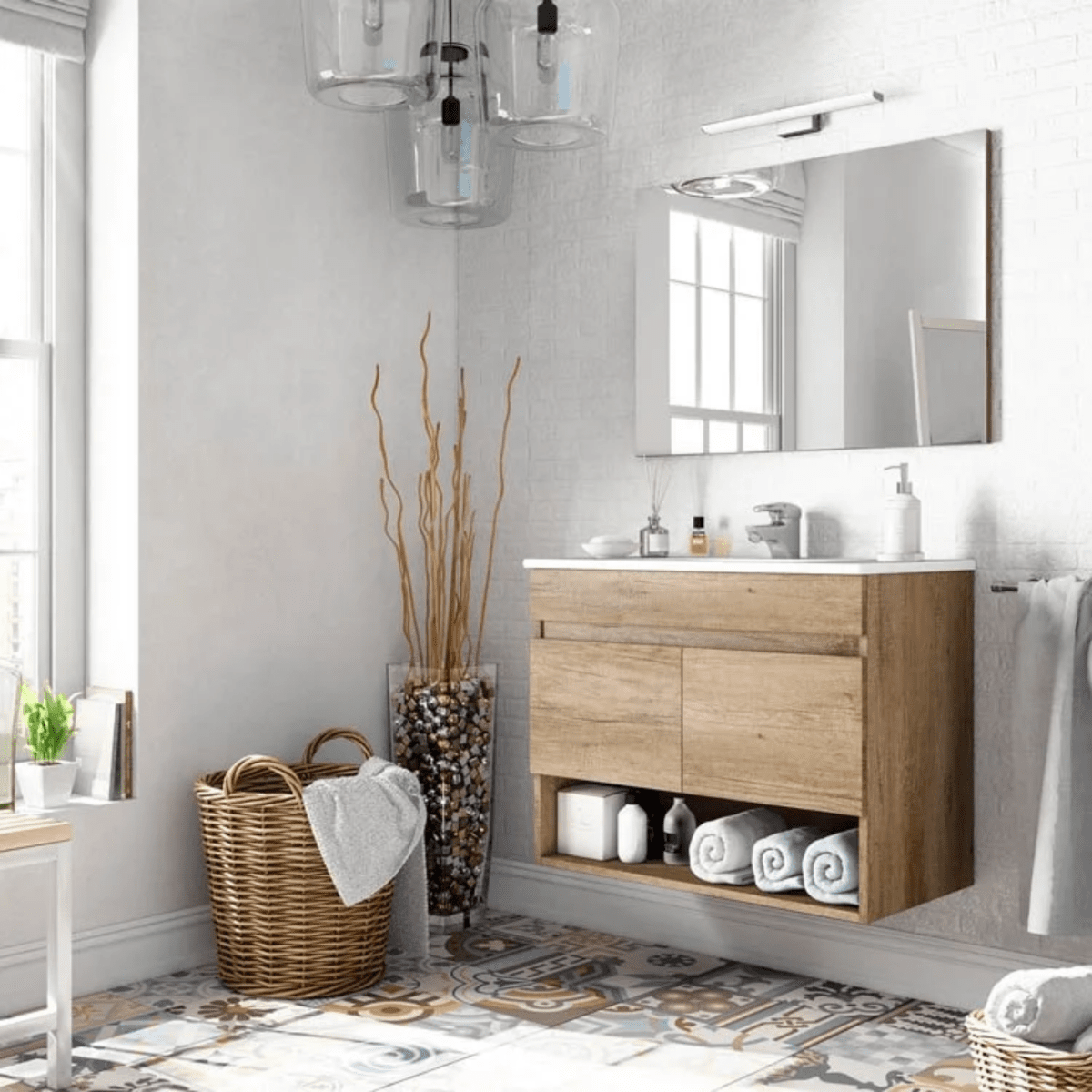 Mobile da bagno sospeso "Bali" 2 ante con specchio in legno rovere Nordik - MondoViro