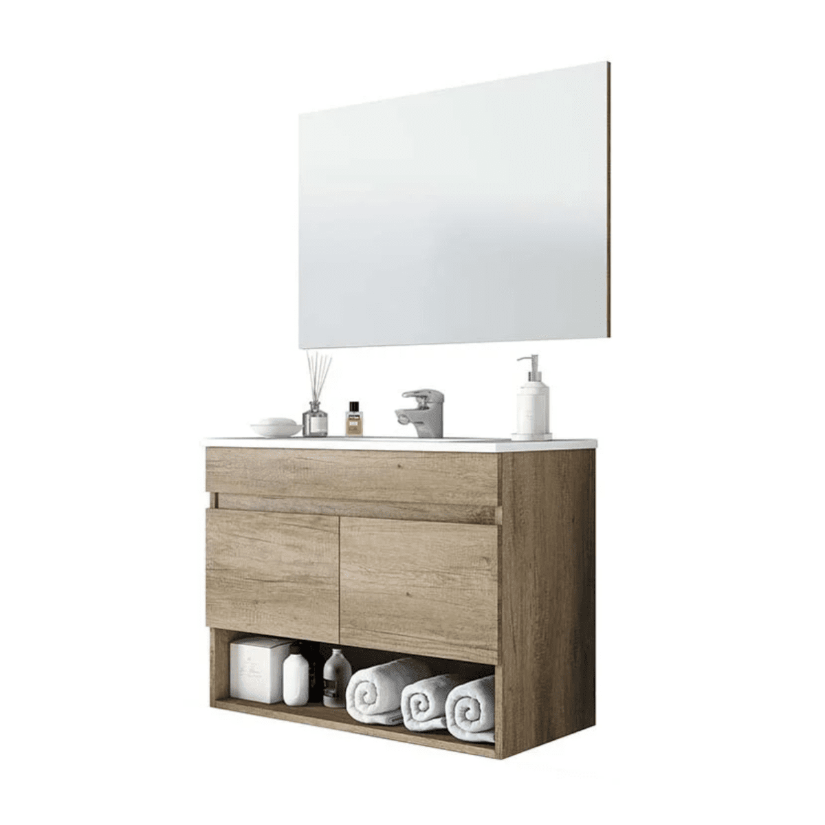 Mobile da bagno sospeso "Bali" 2 ante con specchio in legno rovere Nordik - MondoViro