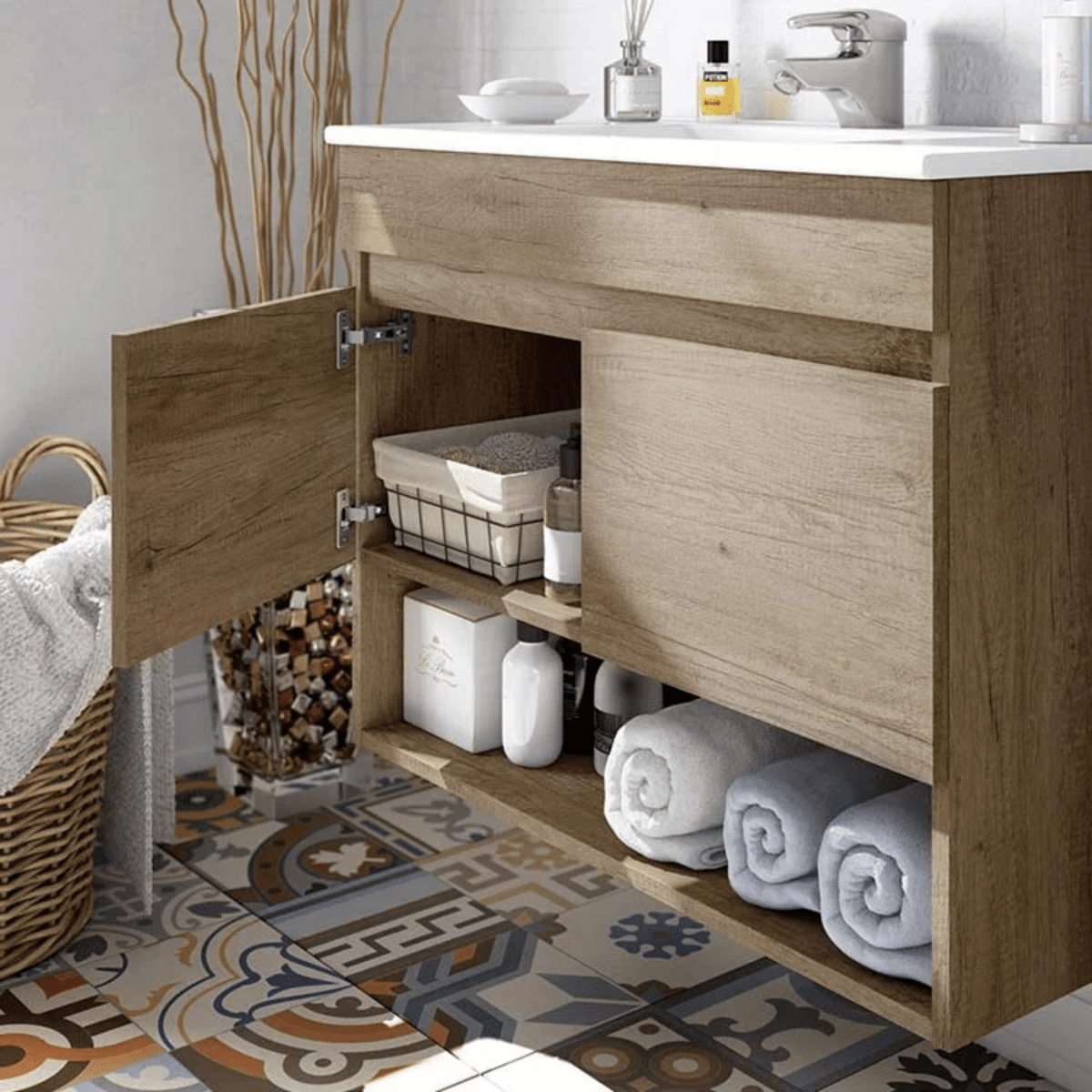 Mobile da bagno sospeso "Bali" 2 ante con specchio in legno rovere Nordik - MondoViro