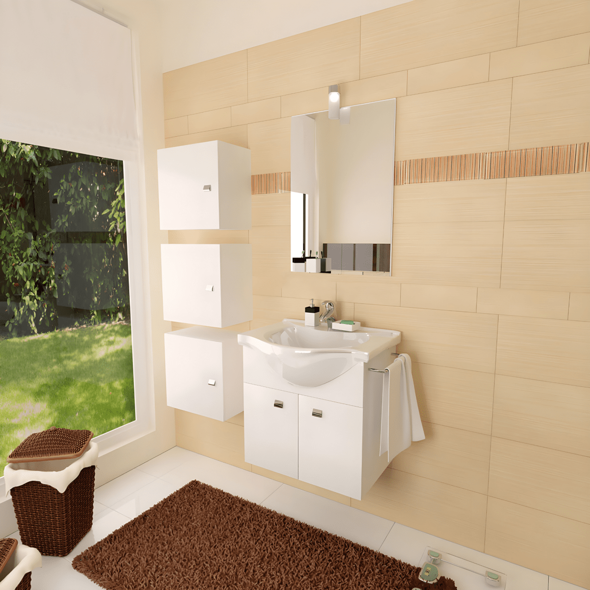 Mobile bagno sospeso "Moa55" con lavabo consolle e ante con maniglie cromate e specchio LED - MondoViro