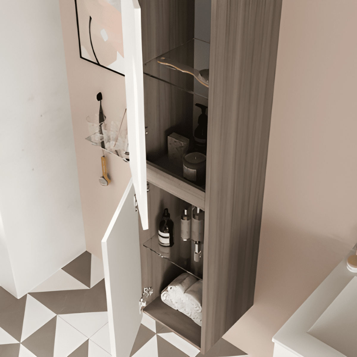 Mobile bagno sospeso moderno "Sara" in legno con 2 cassetti lavabo e specchio LED - MondoViro