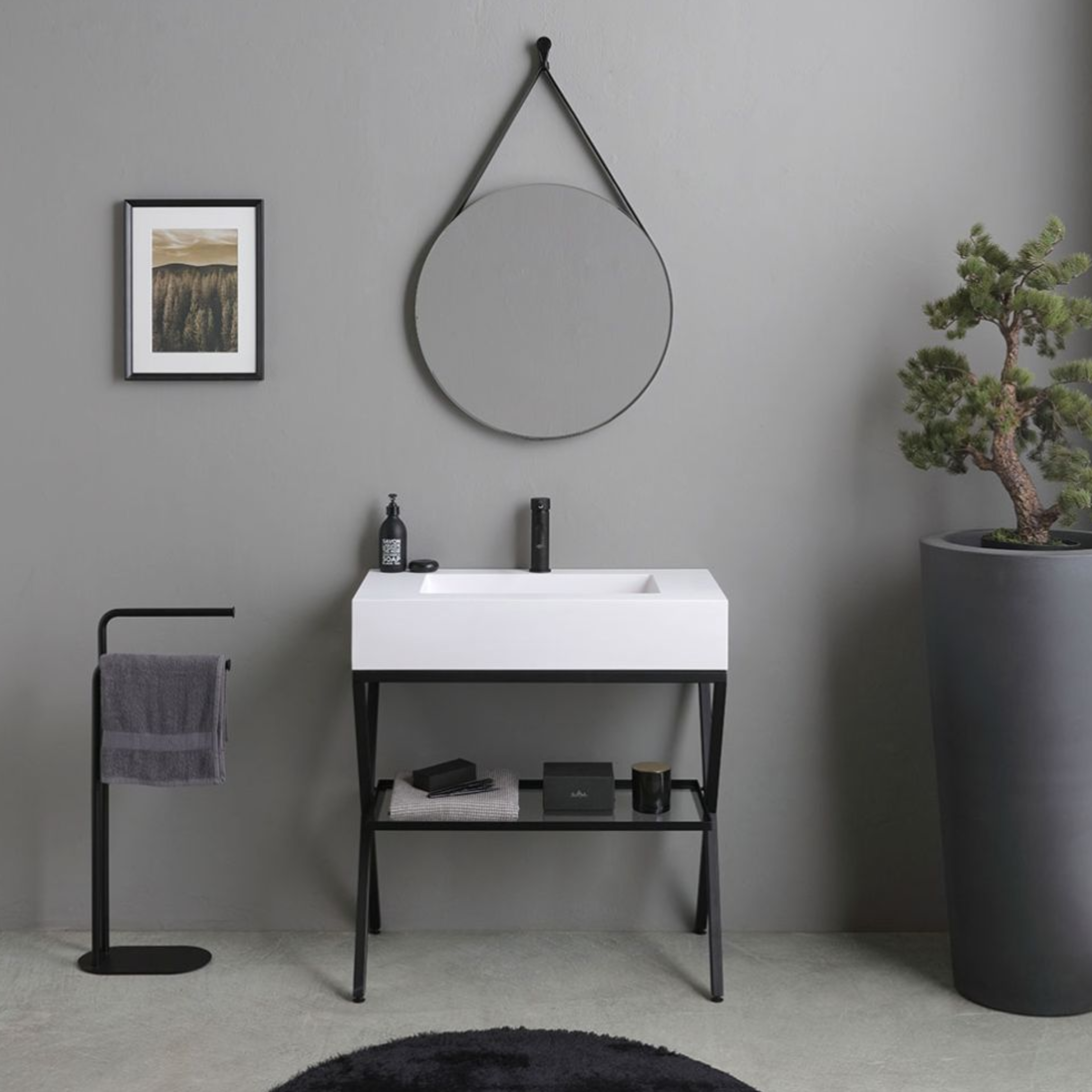 Mobile bagno a terra "Cancún" 80 cm con il lavabo in resina bianco e specchio rotondo con laccio in pelle