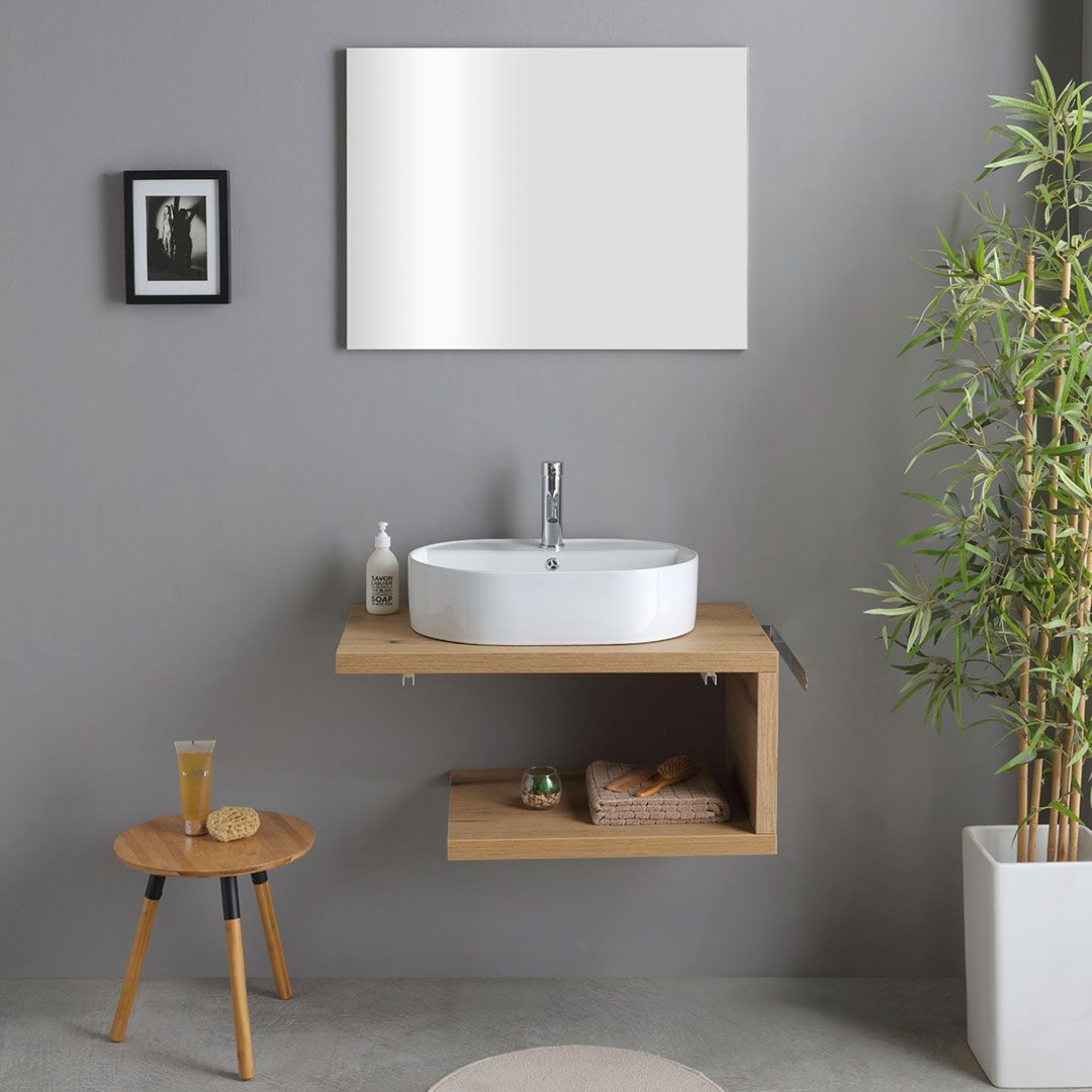 Mobile da bagno "Cipro" 80 cm sospeso in rovere naturale con lavabo in ceramica ovale bianco e specchio
